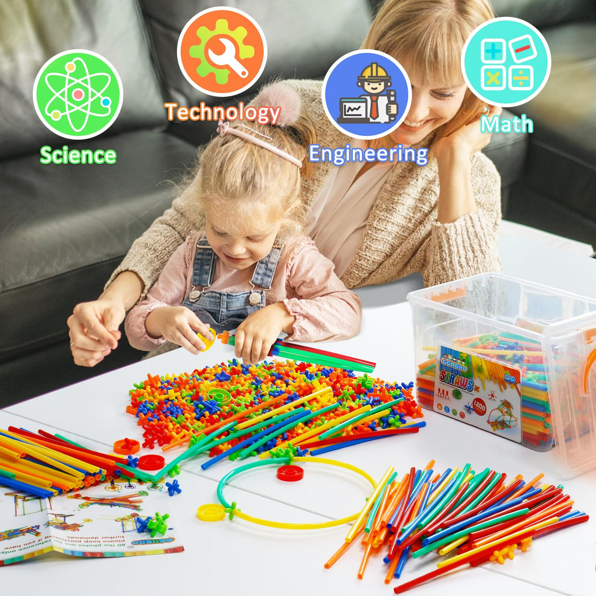 Ggiibro Straw Constructor Toys 1200Pcs STEM Building Toys Aged for 3 4 5 6 7 8+ Interlocking Plastic Toys Preschool Engineering Thin Tube Blocks Toy Educational Toy Kit for Classroom Kids Toys Set