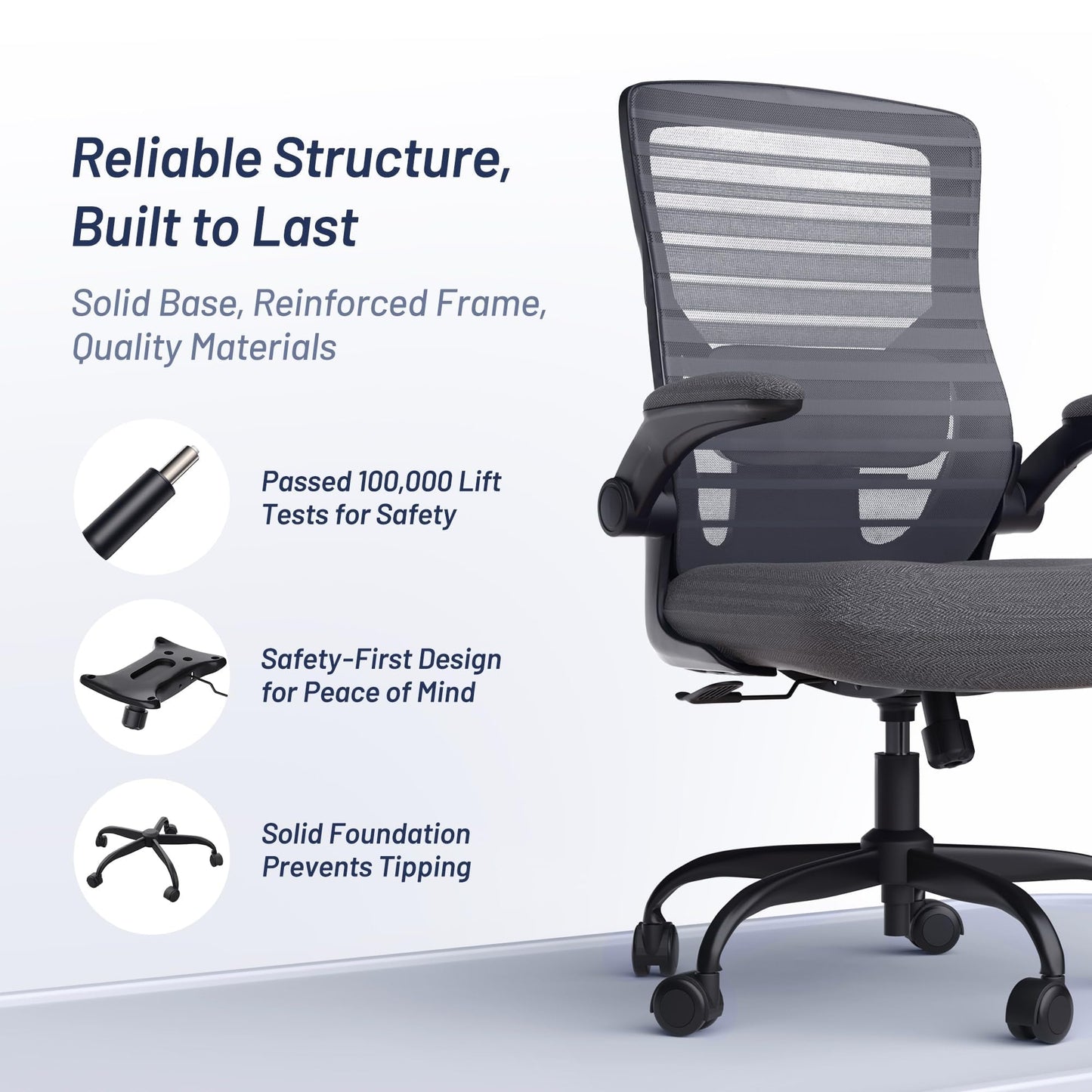 QLTPLUS Office Desk Chair for Long Hours & Back Pain Relief – 4“ Thick Molded Foam Cushion, Enhanced Lumbar Support, Padded Flip-up Armrests, Ideal for Office or Study, Dark Gray