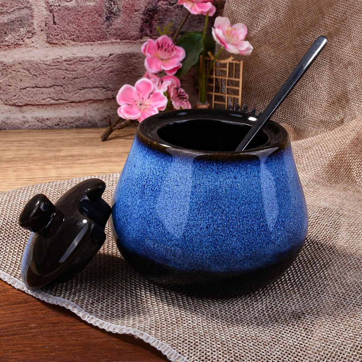 BOSILI Blue Ceramic Sugar Bowls with Lid Seasoning Container with Stainless Steel Spoon for Spice Salt
