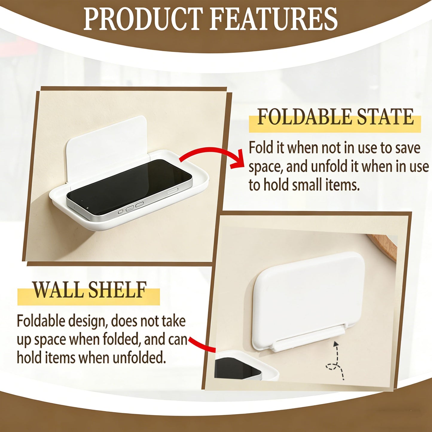 2 Pcs Small Shelf for Wall, Foldable Bedside Shelf & Small Wall Shelves No Drill Adhesive Folding Shelf, Stick-on Floating Wall Rack Organizer Tray for Bedroom Bathroom Kitchen Entryway, White
