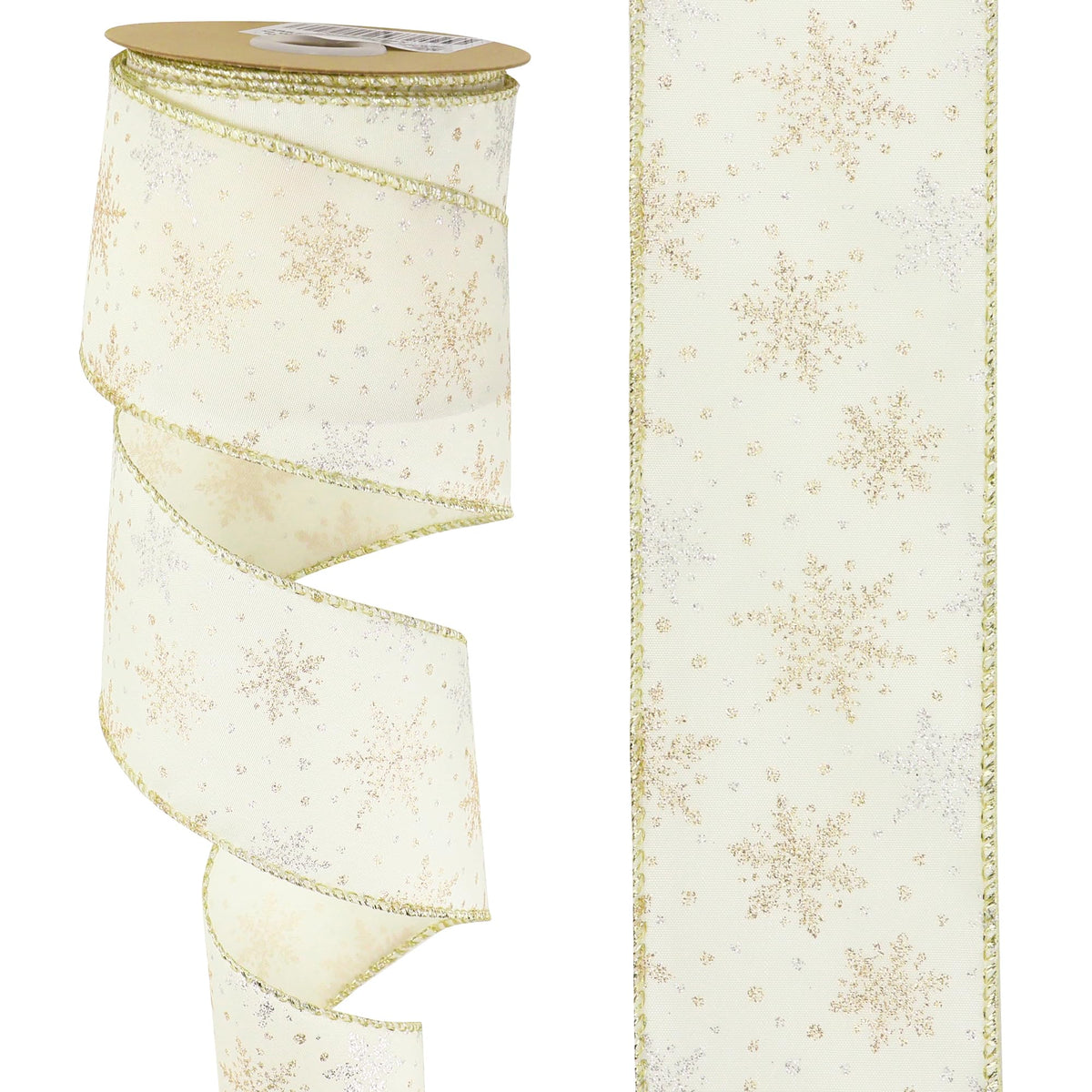 AIMUDI Ivory Snowflake Ribbon 2.5" Ivory and Gold Christmas Satin Wired Ribbon for Gift Wrapping Christmas Trees Wreaths Garlands Crafts Tree Topper Bows Home Decor- 10 Yards