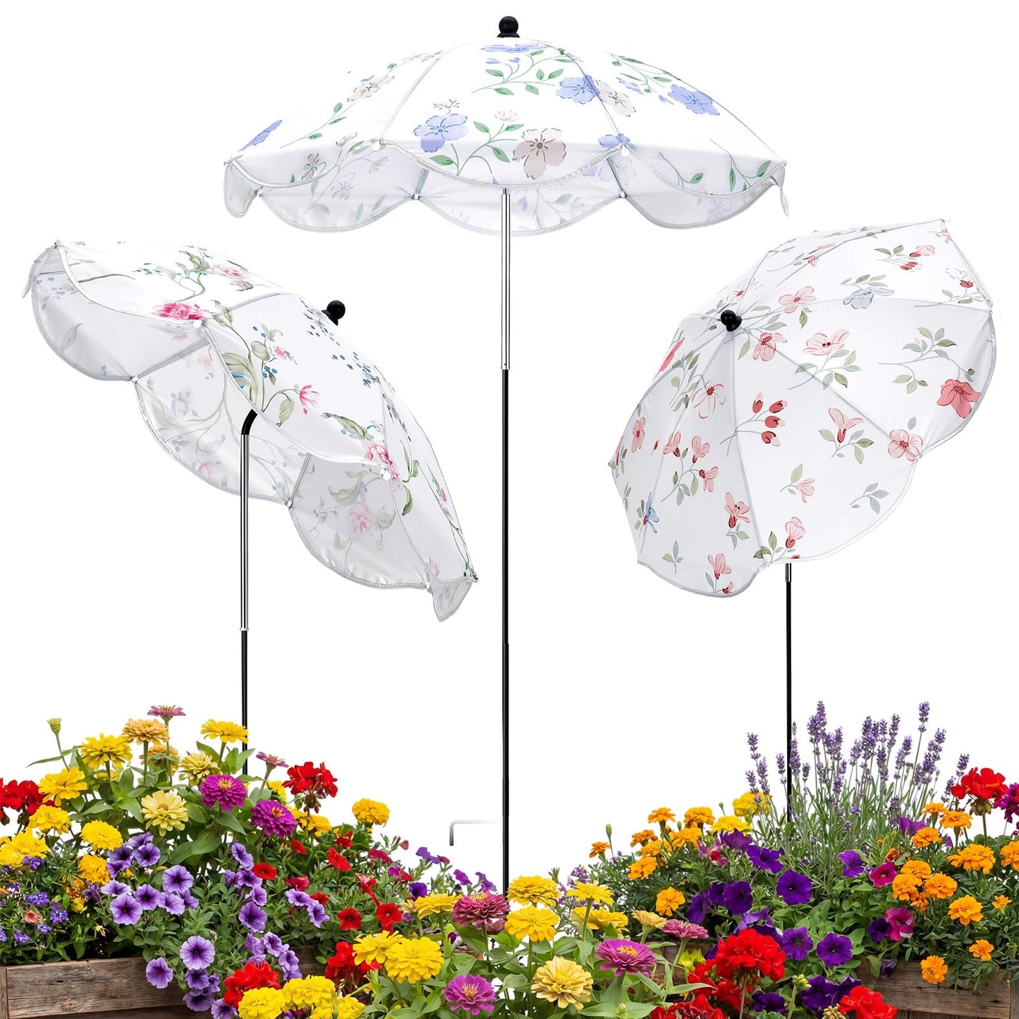 Shinylin 3 Pack Plant Umbrella for Outdoor Adjustable Sun Shade Covers 24" Sun Protection Cloth UV Umbrella for Potted Plants, Garden Beds, Patio Flowers (Curved Edge,Flower 1)