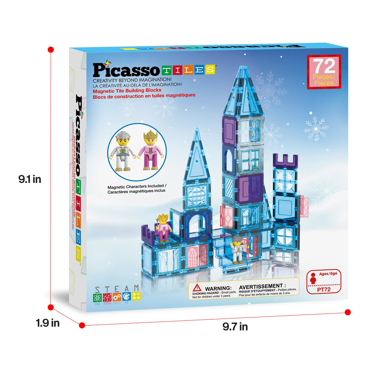 PicassoTiles 72 Piece Magnetic Building Tiles Castle Winter Ice Theme Construction Magnet Block Set with Princess Prince Character Stairs Windows Doors STEM Learning Educational Toy Kids Ages 3+ PT72