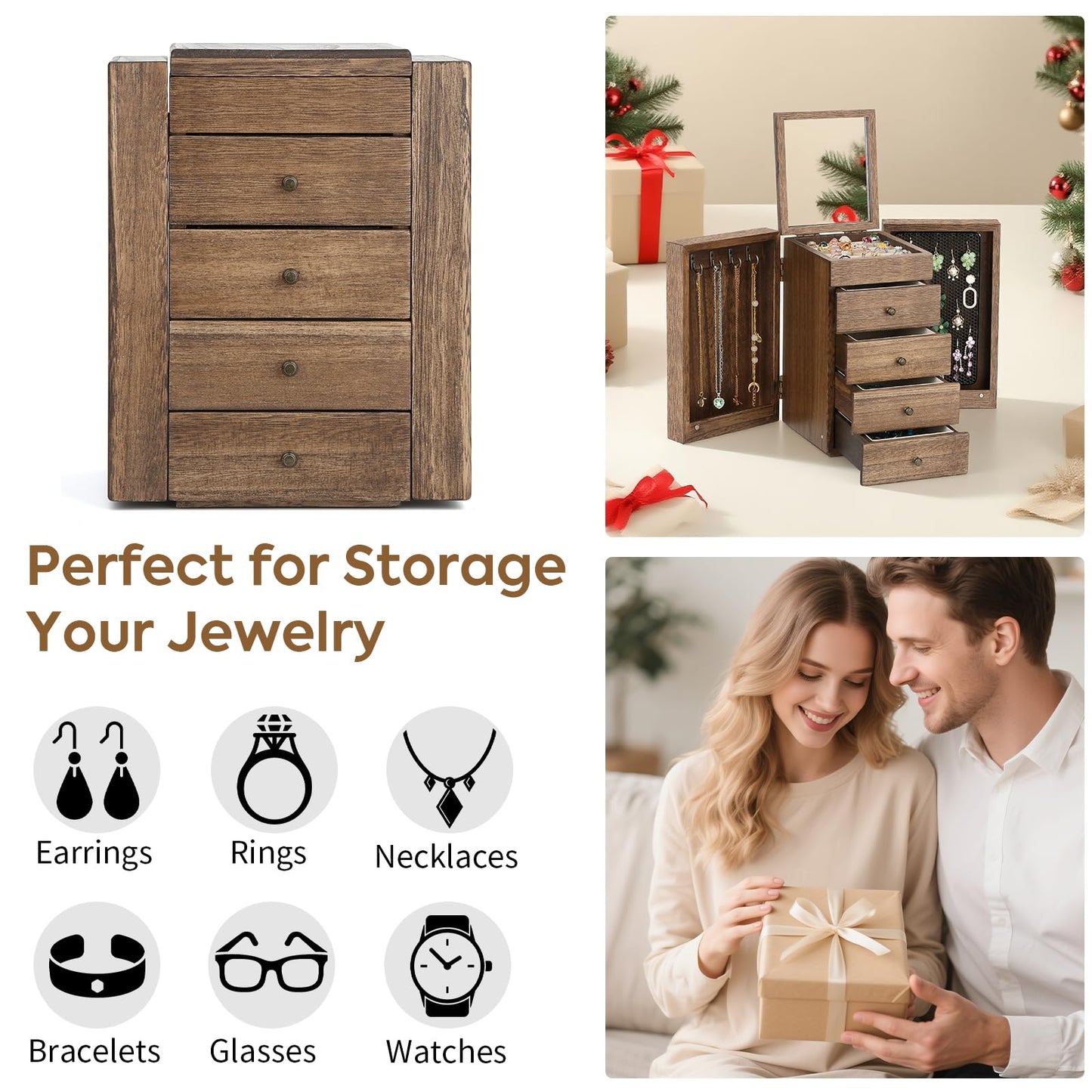Meangood Jewelry Box Wood for Wowen, 5-Layer Large Organizer Box with Mirror & 4 Drawers for Rings, Earrings, Necklaces, Walnut