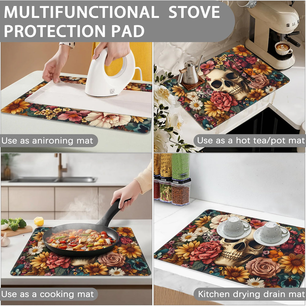 Decorative Electric Stove Cover - Gothic Skull Flower Design, Non-Slip Heat Resistant Protector for Smooth/Glass Top Stoves, Fits 28.5'' x 20.5'' (Not for Gas or Coil)