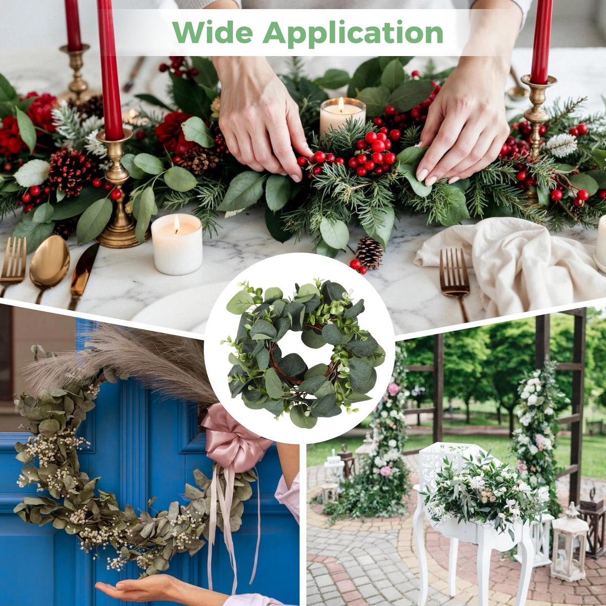Wedding Candle Rings Wreaths, 20 Pcs Artificial Eucalyptus Leaves Wreaths for Summer, Spring and All Seasons, Green Eucalyptus Leaves for Home Decoration Rustic Farmhouse Decor Party Home Table Decor