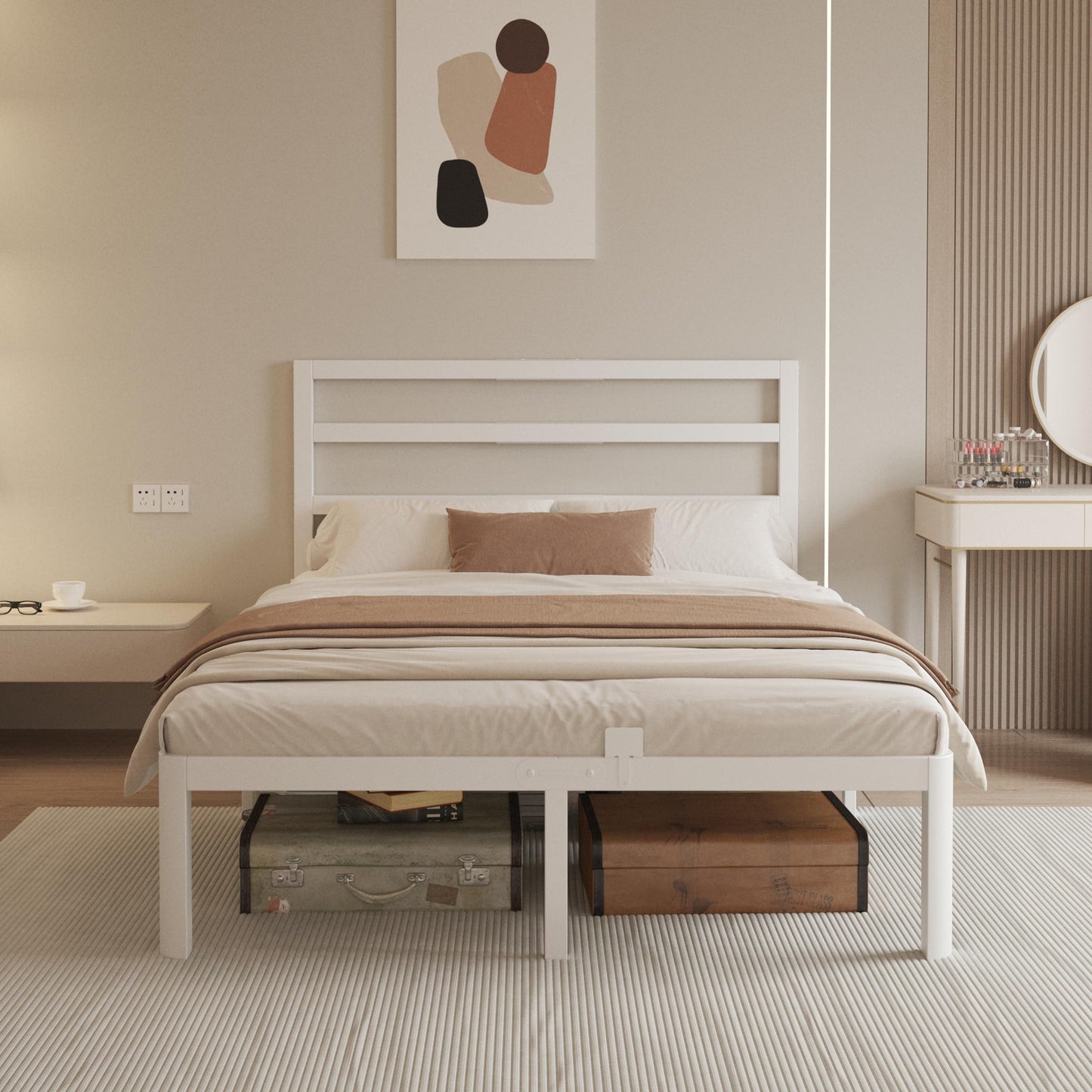 ZKQ 14 Inch Full Bed Frame with Headboard, White Metal Full Size Bed Frame, No Box Spring Need, Anti-Slip Gaskets, Noise-Free, Heavy Duty Steel Platform Support, Easy Assembly