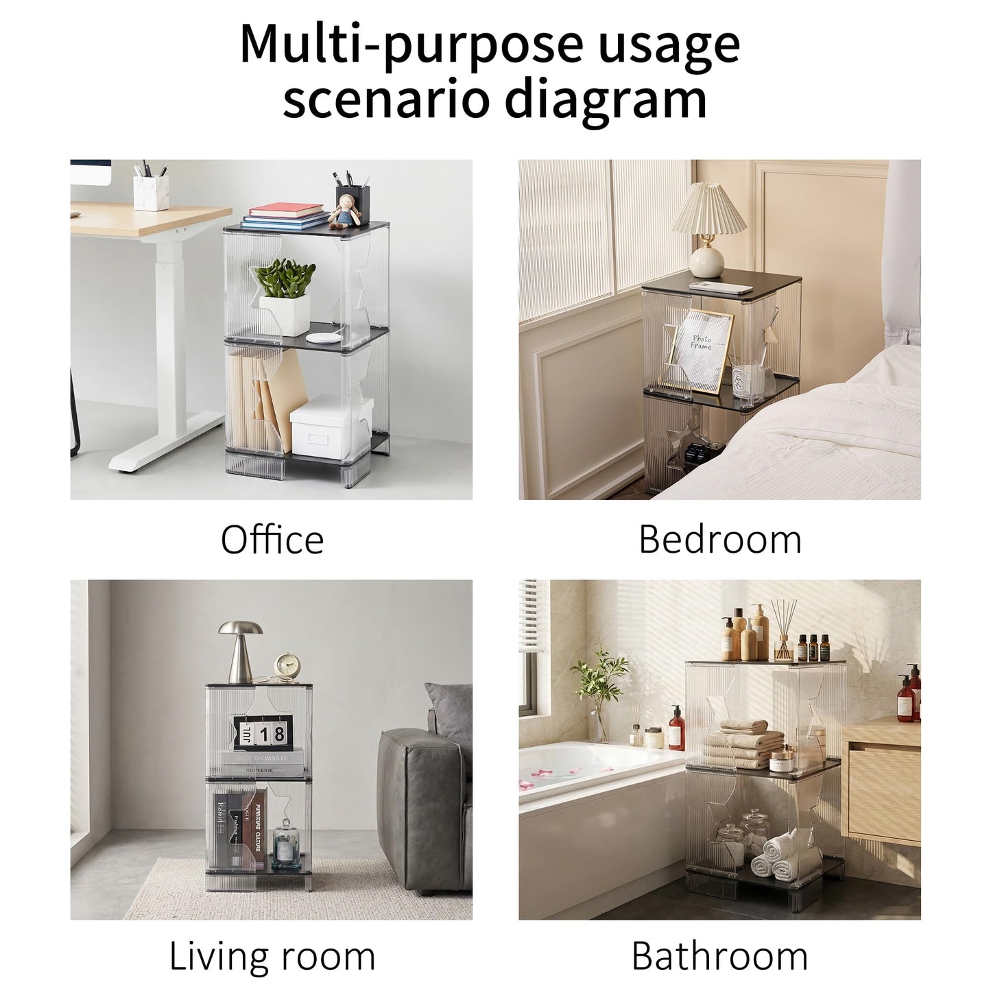 MUKAI Side Tables Set of 2 End Table with 3 Storage Shelve Transparent Bedside Simplicity Clear 3-Tier Nightstands Small Spaces lockers Office Bedroom Living Room Study Transparent