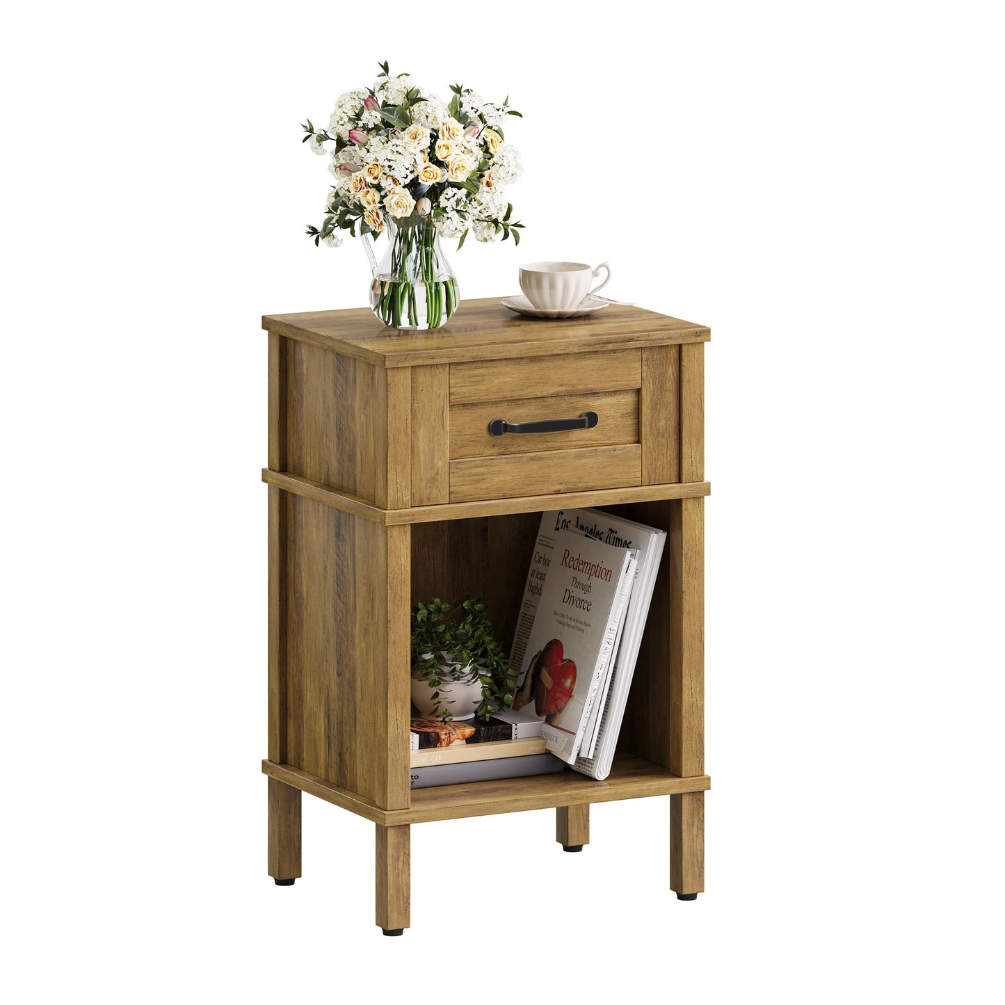 Farmhouse Nightstand with Drawer, Small Wood Bedside Table, Small Rustic Side Table, Modern End Table with Drawer, Wooden Walnut Brown Night Stand for Bedroom LET512DR