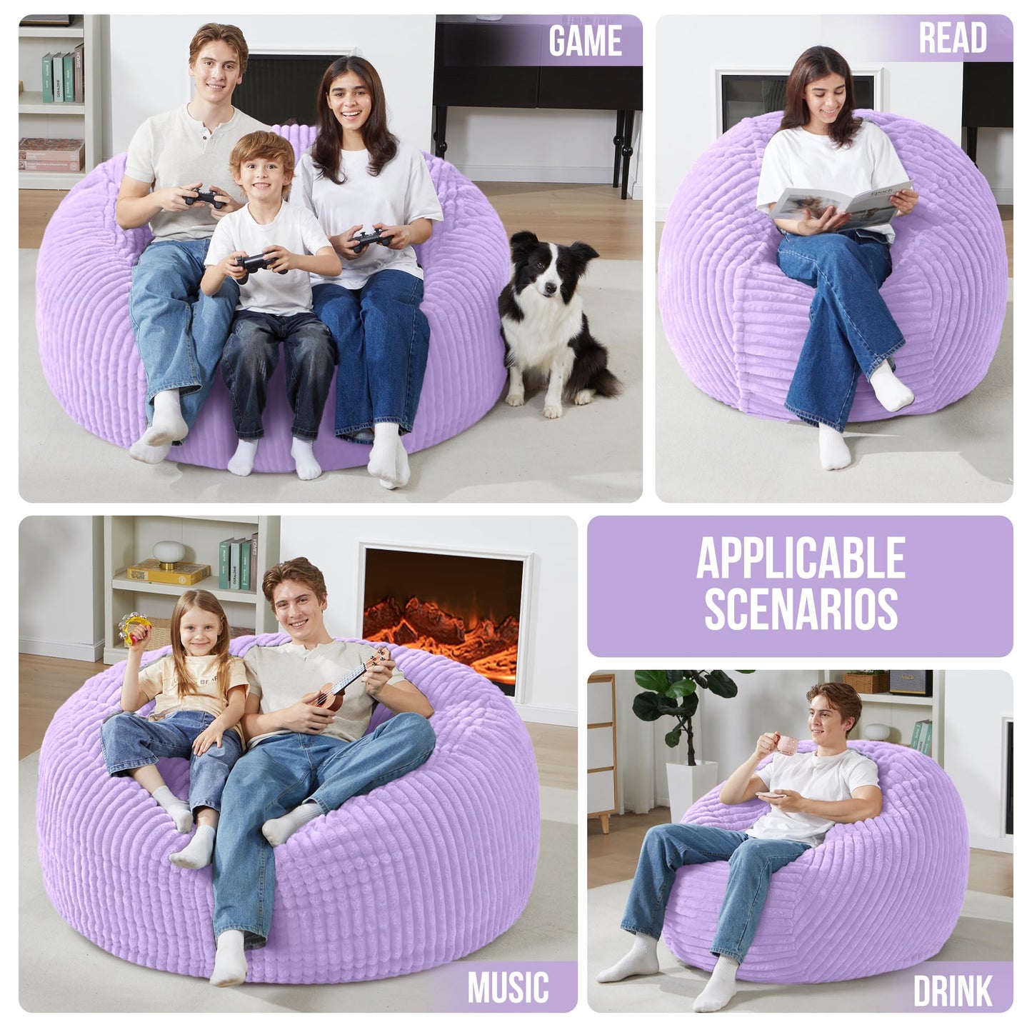 Homguava 3 FT Bean Bag Chair,3' Big Bean Bag,Large Bean Bag Chairs for Adults with Memory Foam Filled,Comfy Beanbag Chairs Soft Bean Bag Sofa with Dutch Corded Plush Cover-Purple