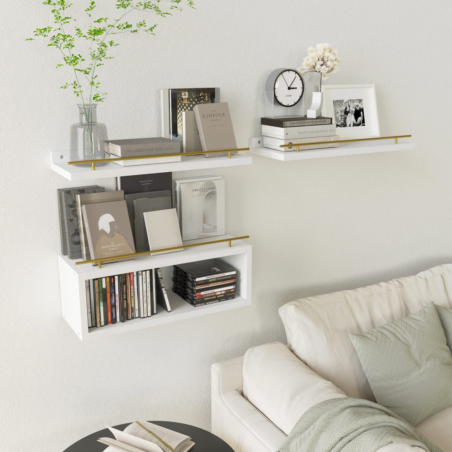 WOPITUES Floating Shelves for Wall with Cube Shelf, Wall Shelves with Metal Rail for Decor, Bathroom Organizers and Storage, Over Toilet Shelves for Bathroom, Toilet Paper-White&Gold