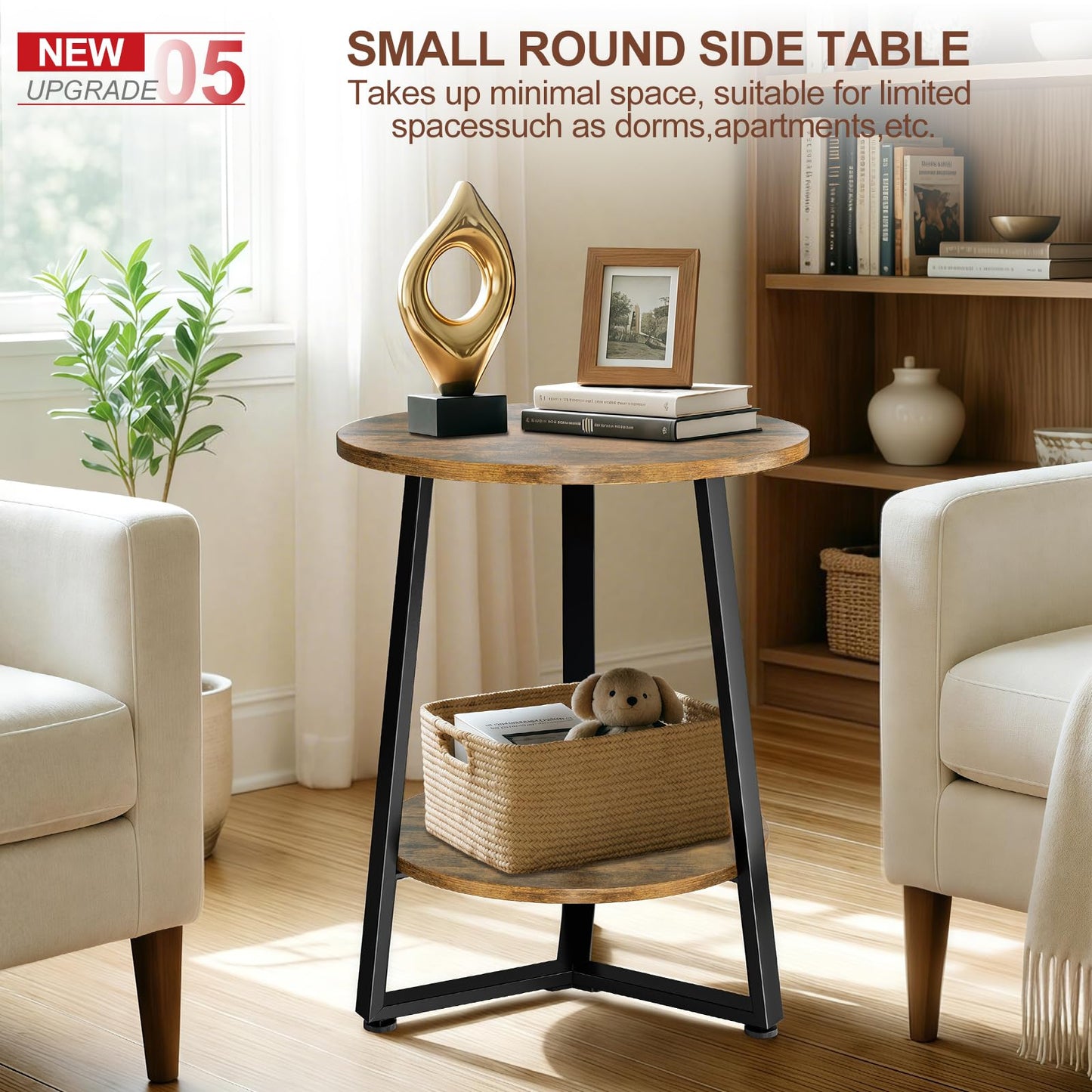 Round Side Table, 2-Tier Small End Table with Storage Shelf, Ultra Stable Coffee End Table/Nightstand, Modern Farmhouse Couch Table for Living Room, Bedroom, Bedside Stand or Small Spaces, Brown