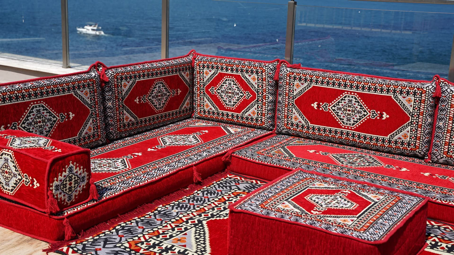 L Shaped Arabic Floor Cushions, Sectional Sofas, Arabic Majlis Set, Custom Made Sofa, Arabic Sofa Set, Seating Cushions (4'' Thickness Sofa, L Sofa Full Set, Red)