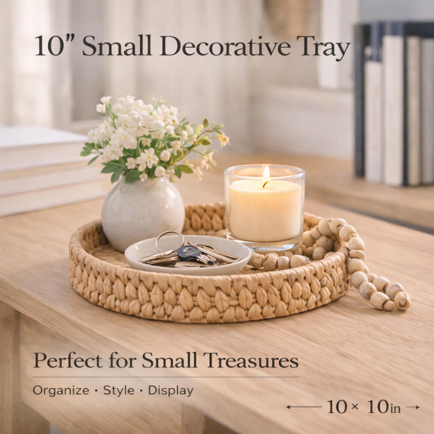 Extra Large Round Ottoman Tray Set of 3 (20", 16", 10")–Water Hyacinth Rattan Wicker Coffee Table Tray with Handles, Oversized Serving Tray for Kitchen Island, Dining Table, Entryway, Bedroom Decor