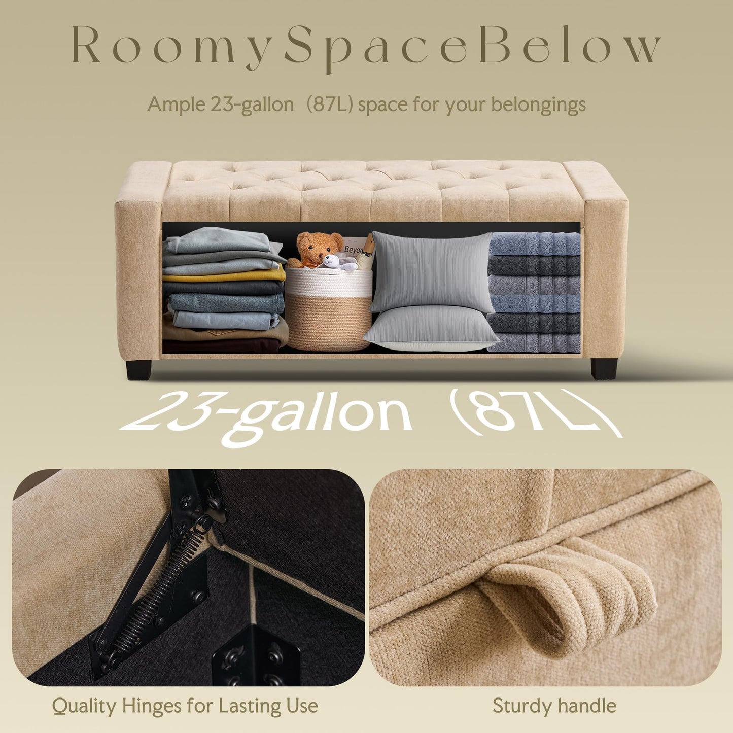 GRAINELL 42.13” Storage Ottoman Bench, Upholstered Tufted Bedroom Bench with Storage, End of Bed Storage Bench for Living Room & Entryway, 350 lb Capacity, Linen flaxen