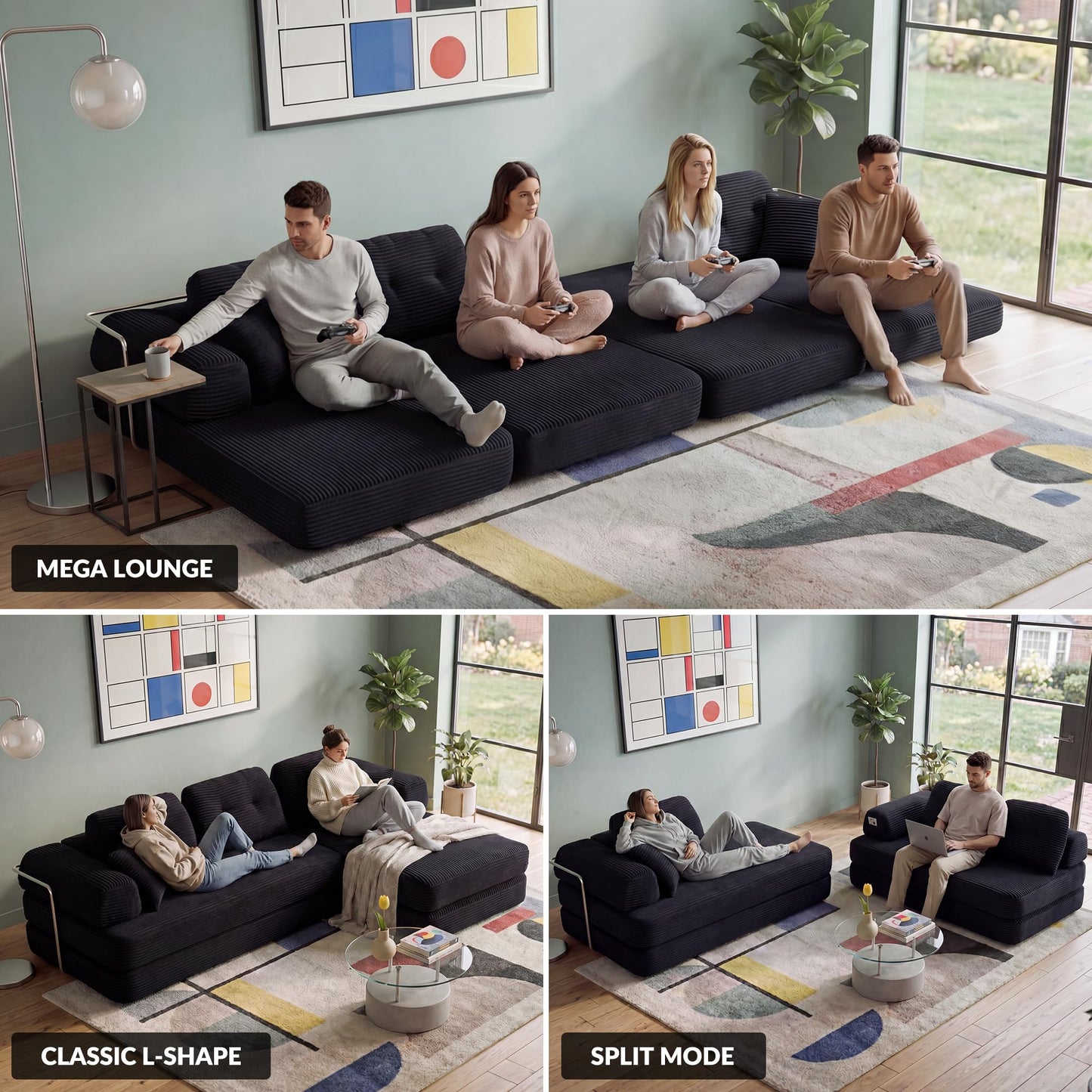 YasuSoofa Boneless Sectional Couch with Chaise, Convertible L-Shape Floor Sleeper with High Headrest, Modular Sofa Bed for Living Room Apartment, No Assembly, Gray
