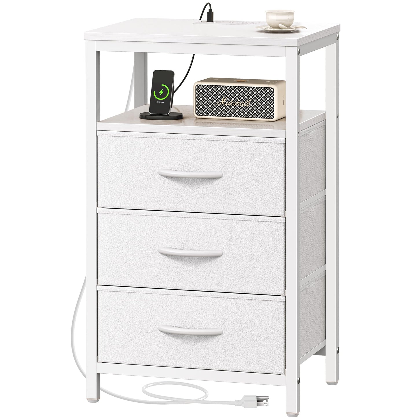 Huuger Nightstand with Charging Station, 27.6 Inch Side Table with Drawers, PU Leather Finish, End Table Bedside Table with USB Ports and Outlets, Night Stand for Bedroom, White