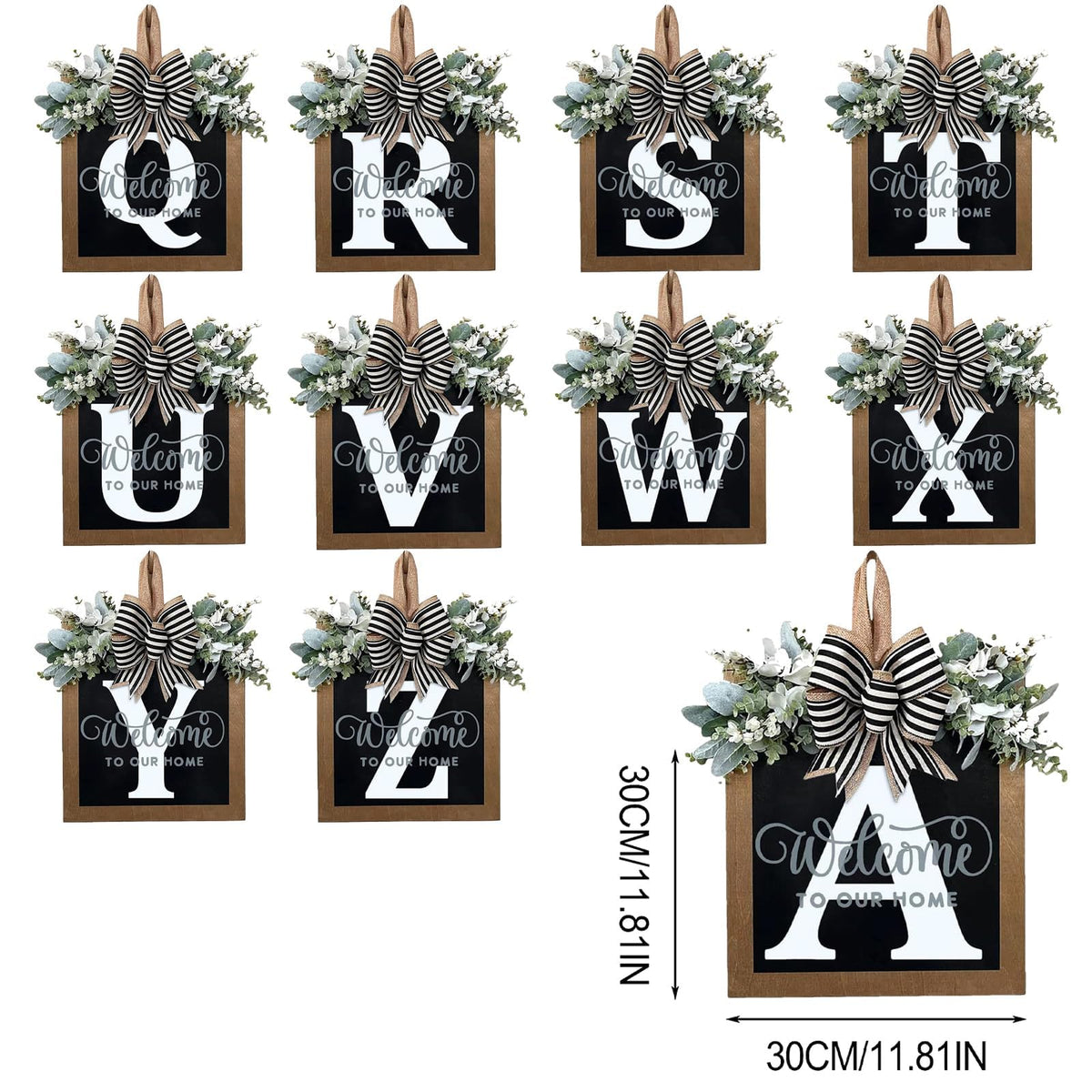 Last Name All Year Round Front Door Wreath with 26 Initial Letter Welcome Sign All Seasons Eucalyptus Garland and Bow ,Farmhouse, Porch, for Spring Summer Fall All Seasons Holiday Halloween Christmas.(K)