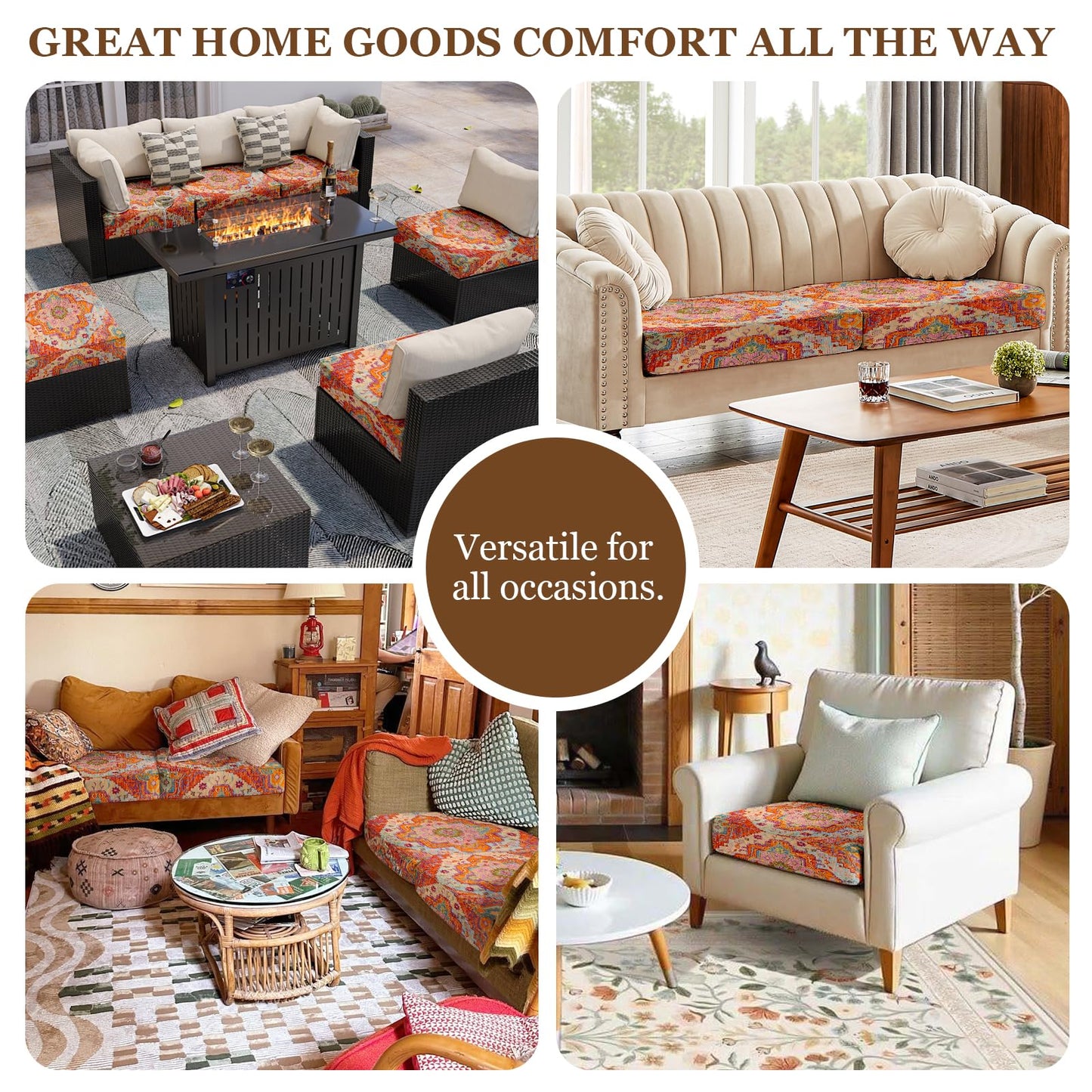 ZSYTZL Boho Printed Couch Cushion Covers, Waterproof Stretch Outdoor Cushion Covers, Patio Sofa Covers with Elastic Bottom-1 Piece, Orange