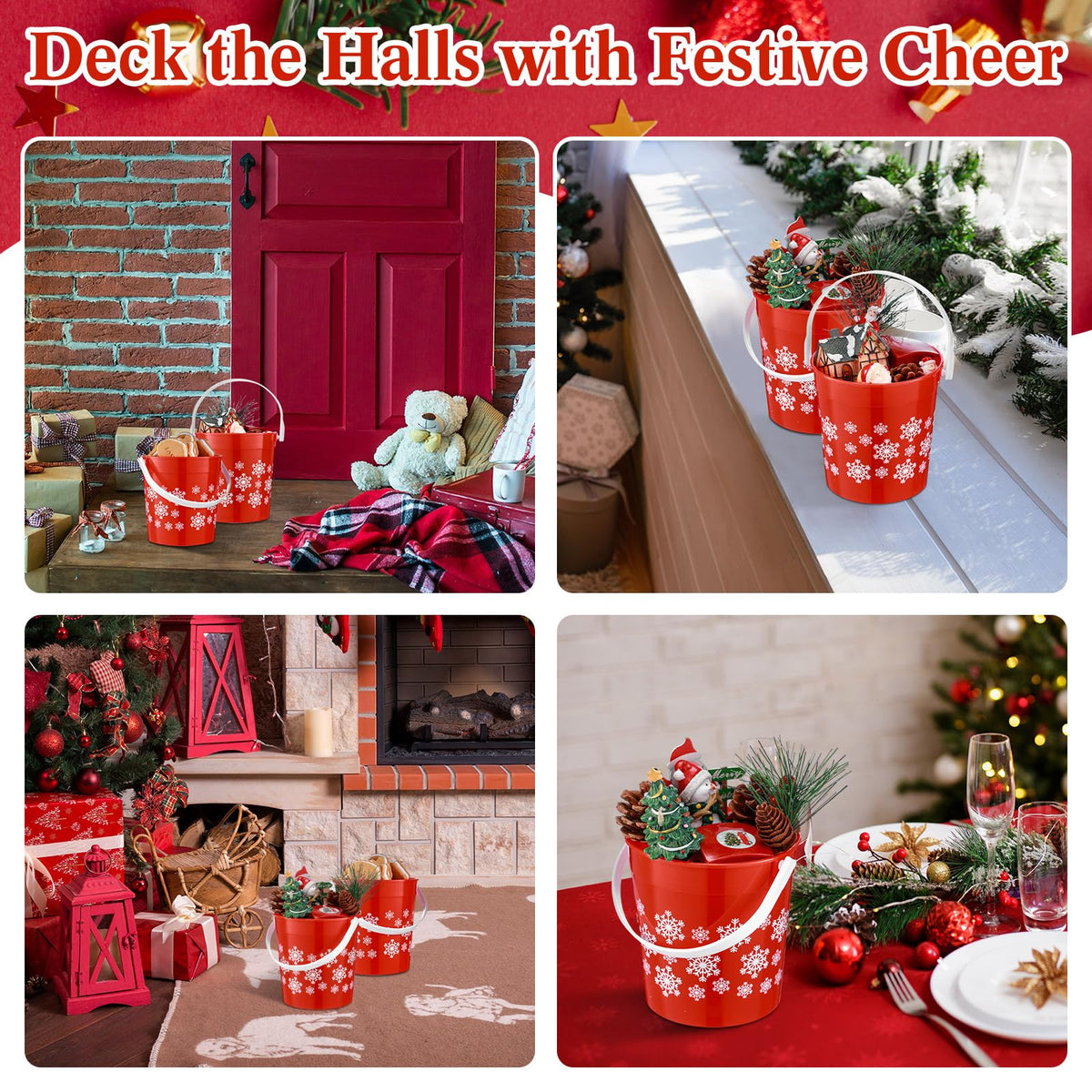 Sunnychicc 24 Pcs Christmas Plastic Buckets with Handle 4.69 x 3.78 x 4.8 Inch Christmas Snowflake Buckets Small Red Candy Pails Gifts Decorative Item Baskets for Winter Holiday Party Decorations