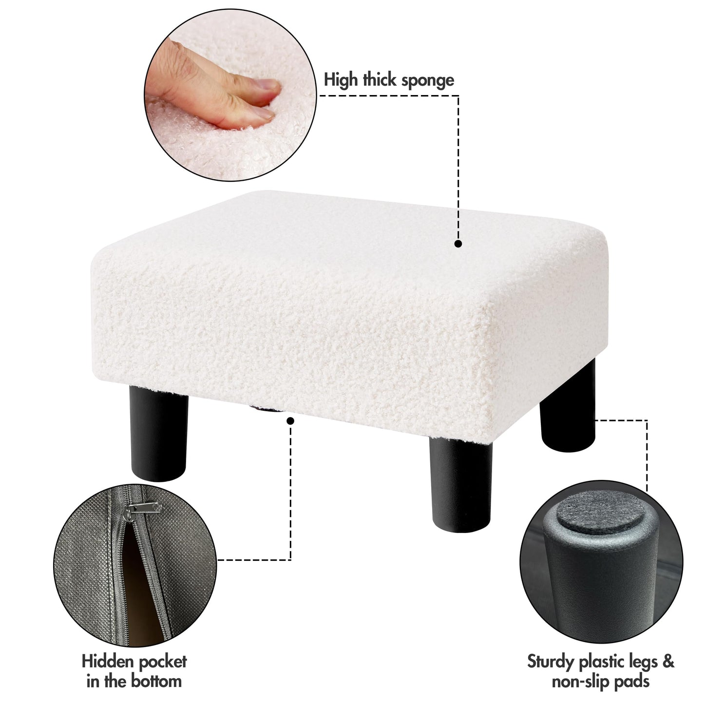BRIAN & DANY Small Foot Stool Ottoman, Footstool with Legs, Teddy Velvet Foot Rest for Living Room, Bedroom and Office, White