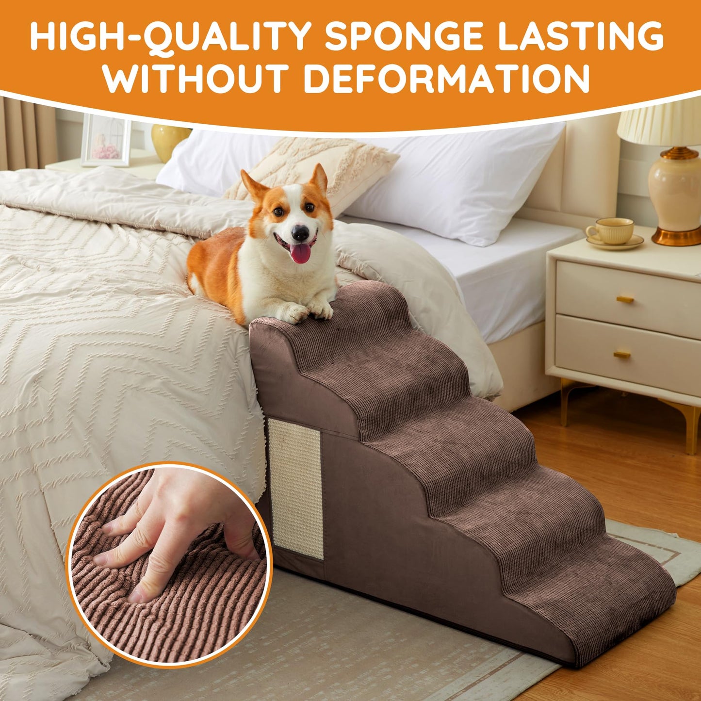 Pet Stairs, Dog Stairs for Small Dogs, Dogs Steps, 5-Step Curved Dog Ramp for Bed, Couch, Sofa, Car and Chair, Non-Slip Bottom Design, Cat Scratching Board, High Density Foam Portable Pet Step, Coffee