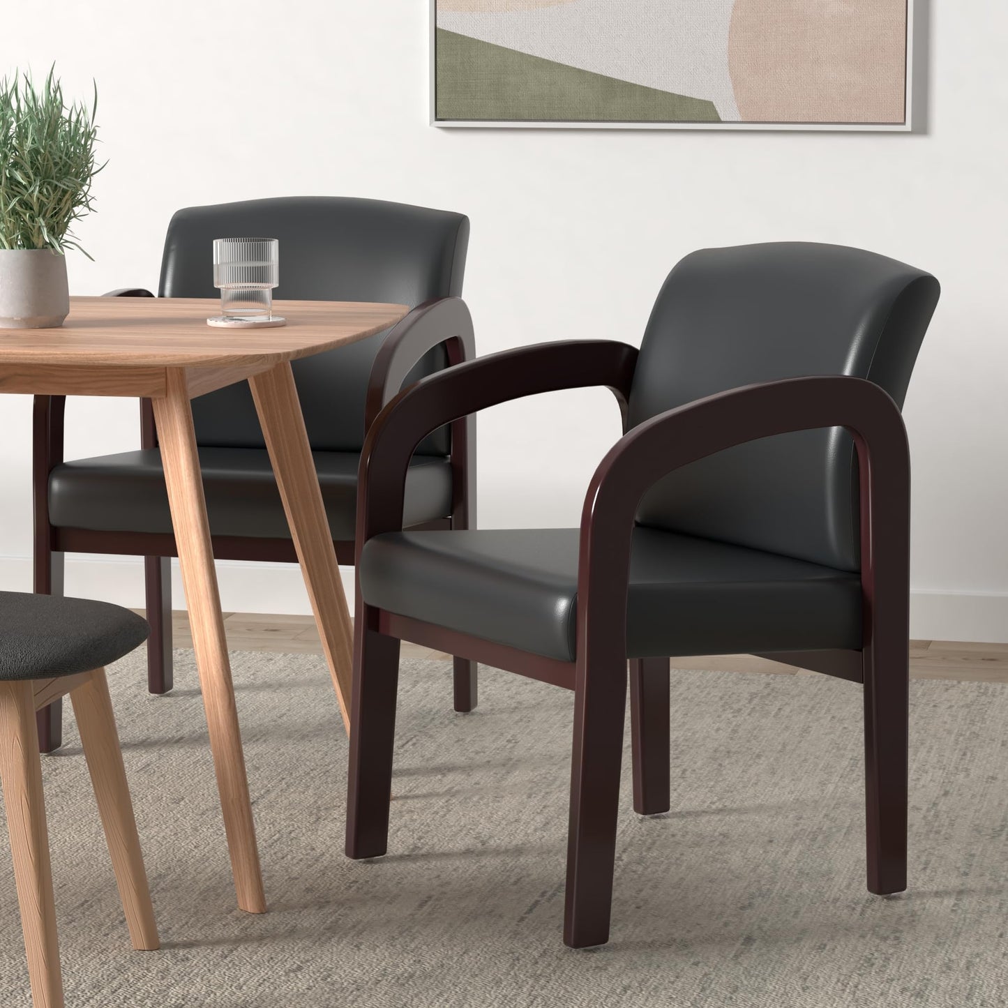 WorkSmart Office Star WD383-U6 Visitors Chair with Mahogany Finish Base and Arms, Black Faux Leather