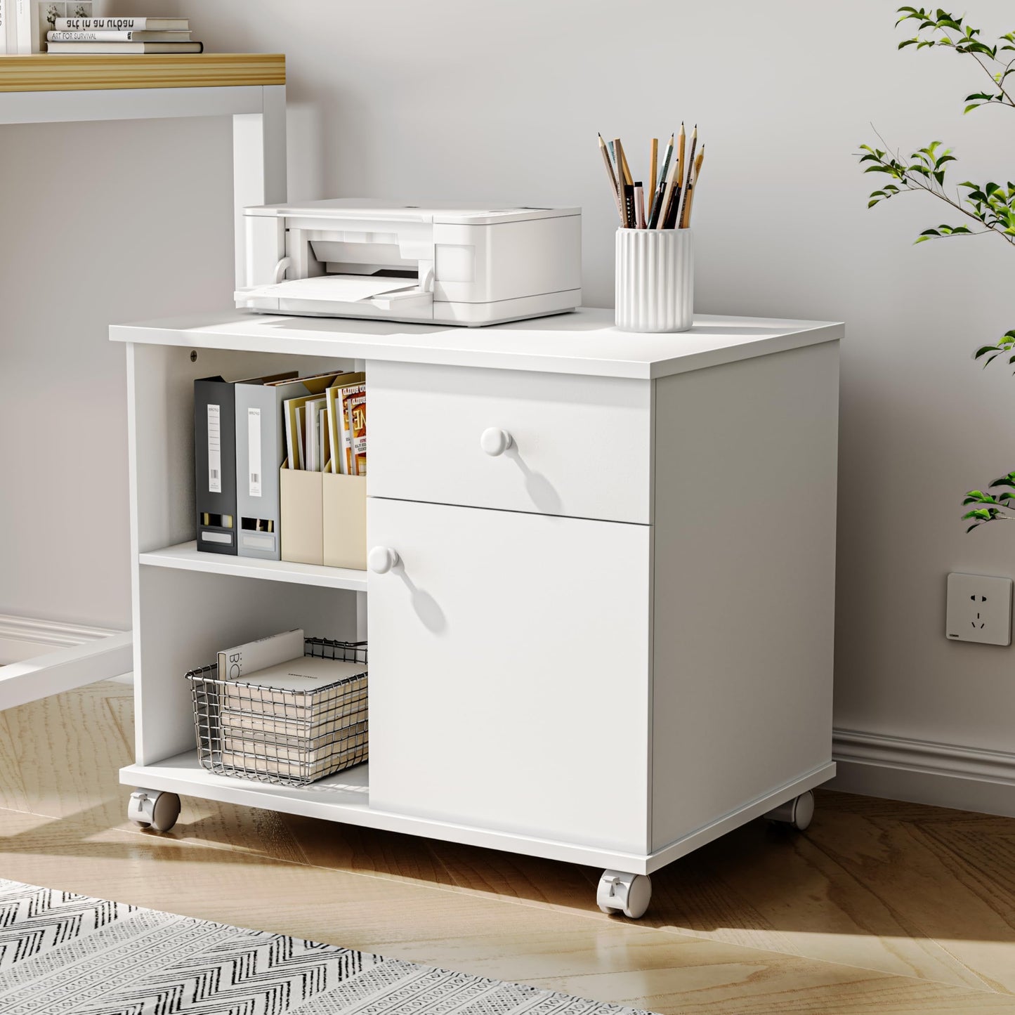 Quikraen Rolling File Cabinet Mobile Filing Cabinets with Doors, Adjustable Shelves Storage Cabinet, Lateral Printer Stand with Drawer for Office Supplies Mobile Filing Cabinet White