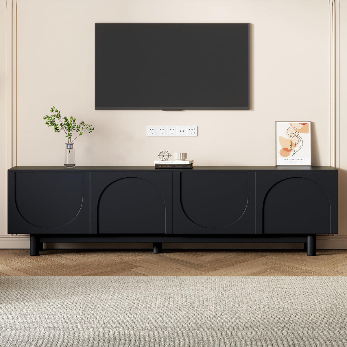 Merax Modern TV Stand with Arch Cabinets, Solid Wood Legs & Adjustable Shelves | Entertainment Center with Cable Management for Living Room, Black