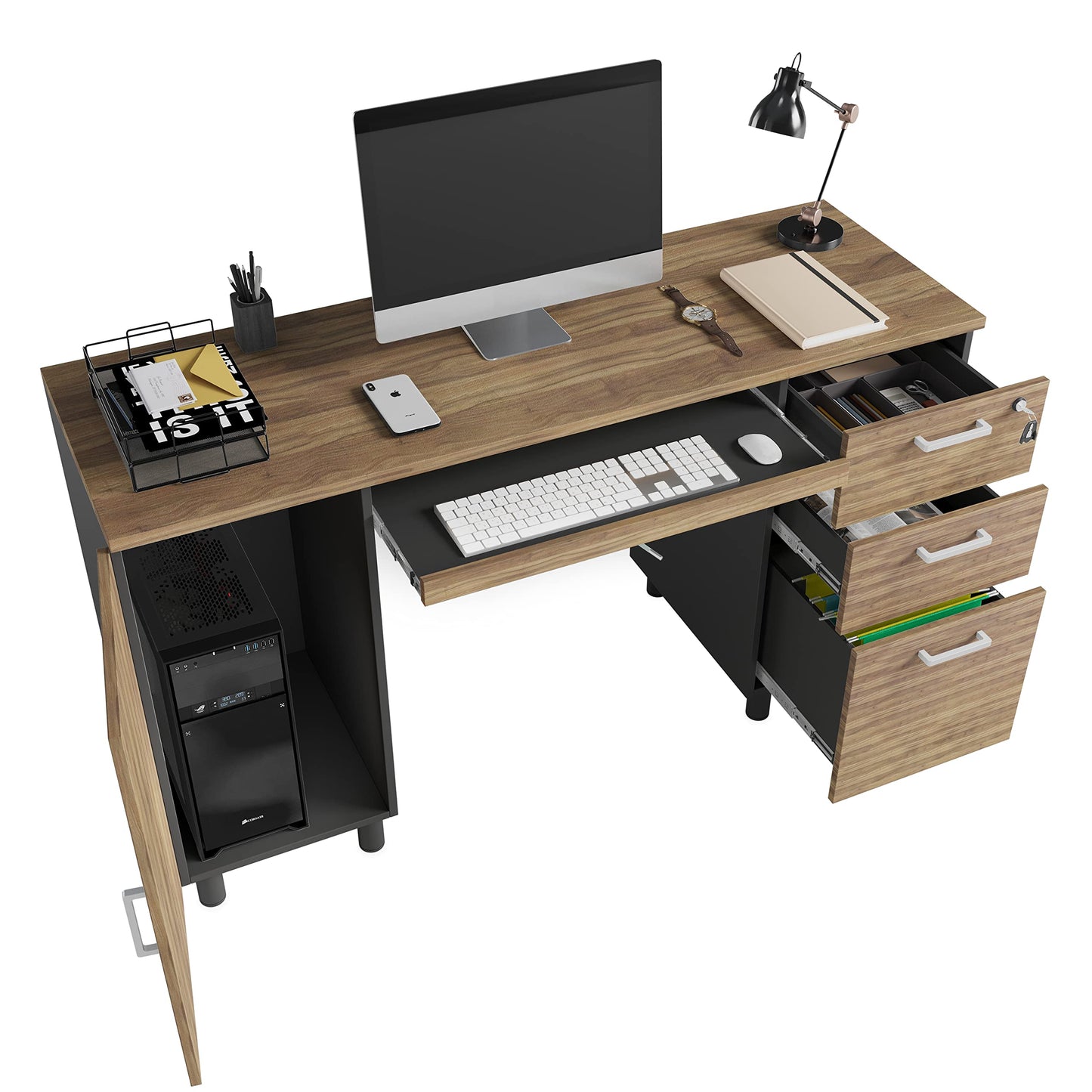 Modern Design Venice Computer Desk with Lockable Drawers, 53 Inch Home Office Desk with Storage Cabinet, Keyboard Tray & Cable Management, Modern Study Writing Desk for Small Spaces, Walnut and Black