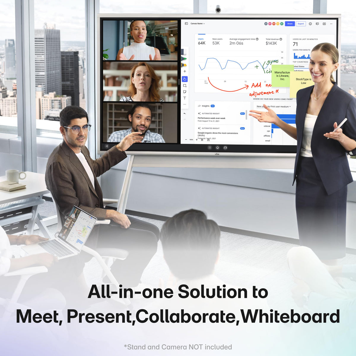 Vibe S1 4K UHD Smart Board, 55 Inch Digital Whiteboard for Office and Classroom, Electronic Presentation Meeting Device for Hybrid Work, Interative Touchscreen Display, Chrome OS and 250+ Free Apps