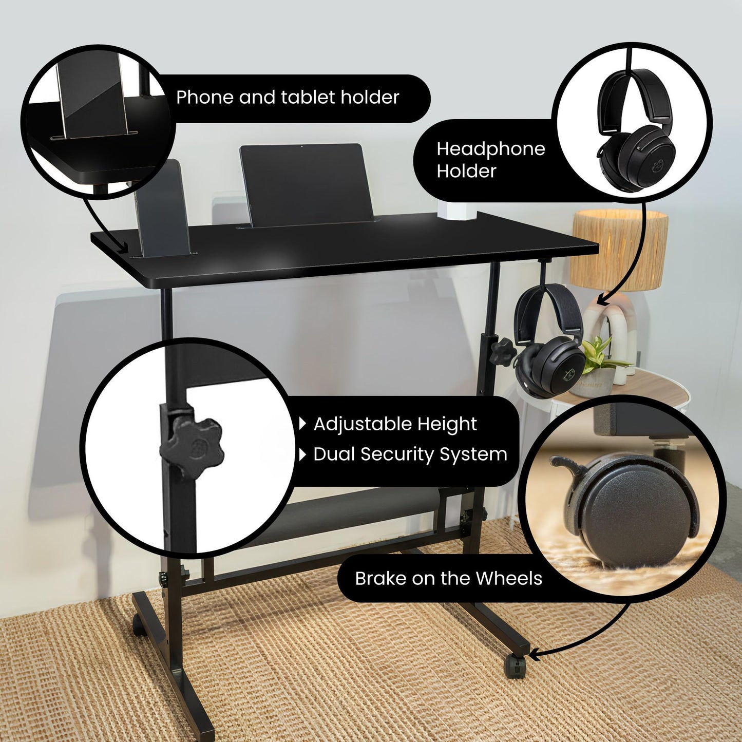 Model 2026 Adjustable Height Rolling Desk With Wheels Portable Compact Laptop Table Mobile Workstation For Study Office Small Space Standing Desk Ergonomic Writing Surface Modern Home Furniture Black