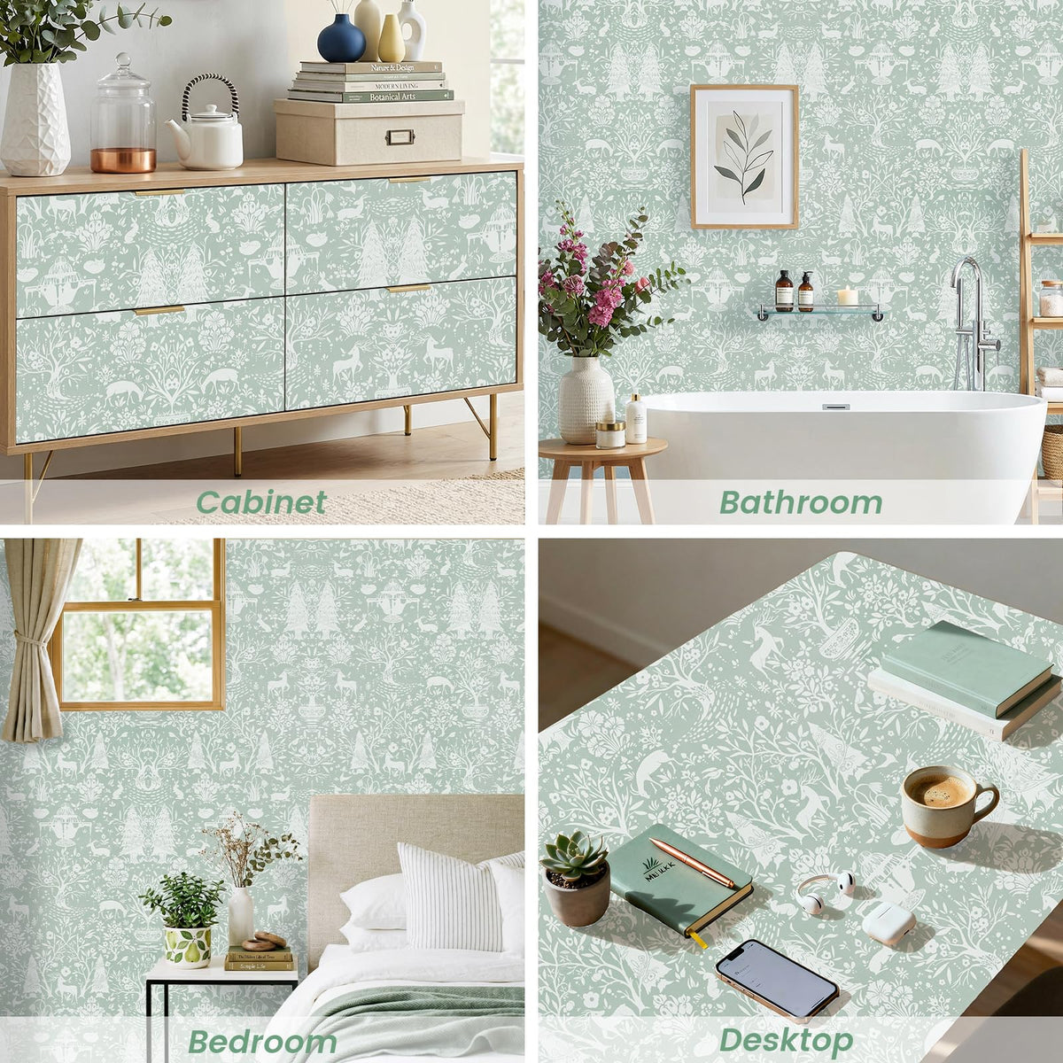 WENMER Forest Animal Wallpaper, 17.7" x 590" Green and White Contact Paper, Woodland Peel and Stick Wallpaper with Deer Rabbit Fox, Self Adhesive Removable Wall Paper for Living Room Bedroom Nursery