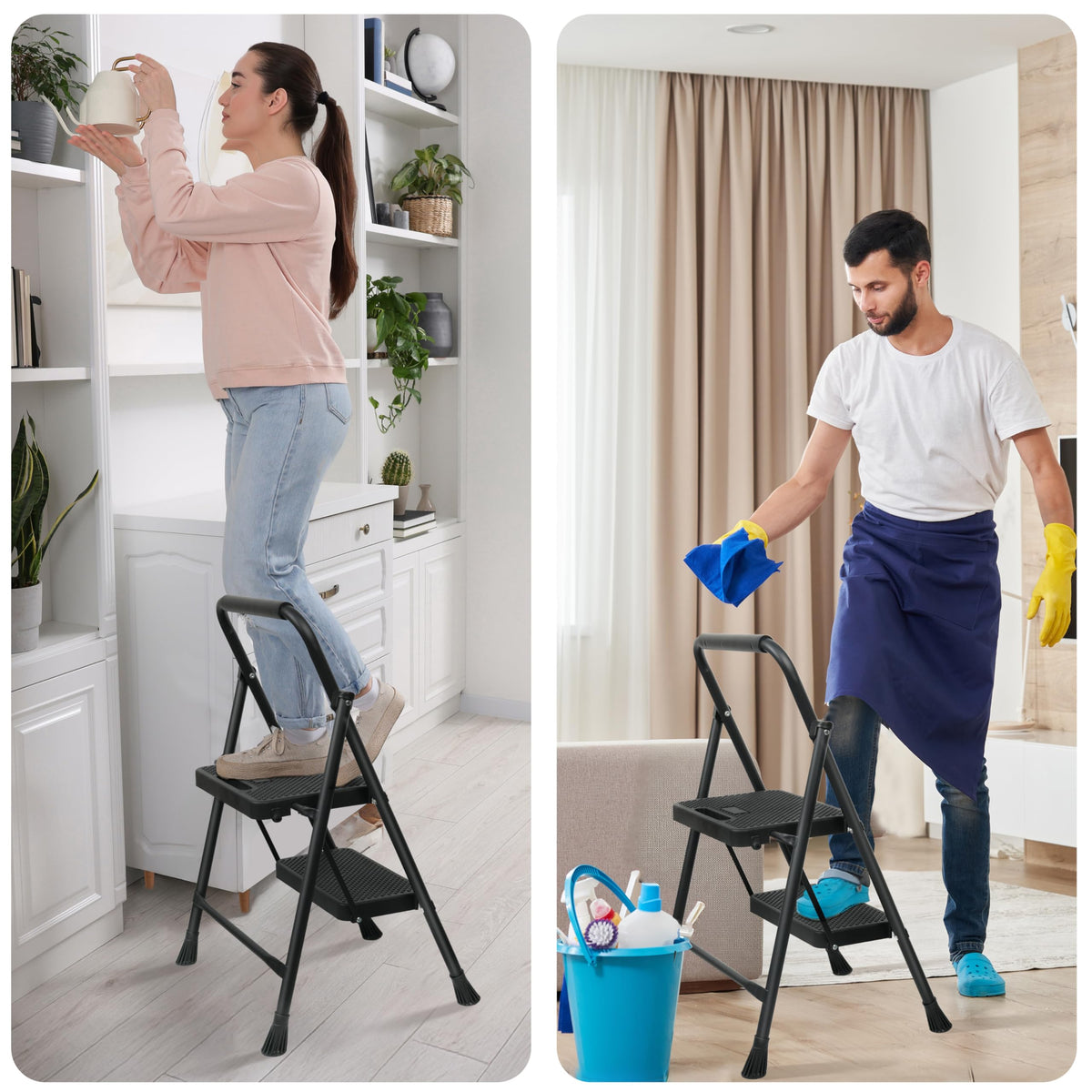 Step Ladder, Portable Steel Folding Step Stool with Wide Anti-Slip Pedal & Convenient Handgrip, Sturdy Steel Ladder, 2-Step, Black