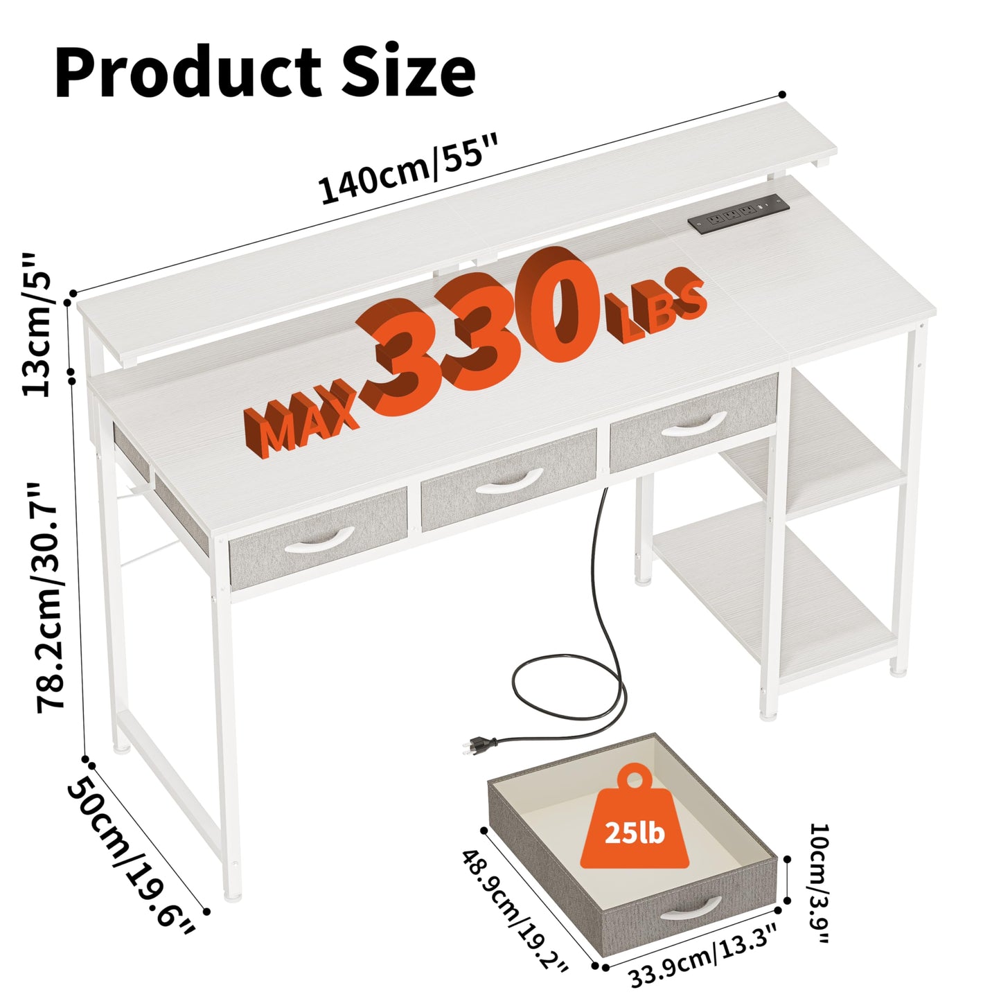 JOISCOPE Home Office Desk with Power Outlets (3AC, USB, Type-C), 55 × 20 Inch Computer Desk with 3 Drawers & Shelves, Laptop Table with Display Riser, Gaming Study Drafting Table for Bedroom, White