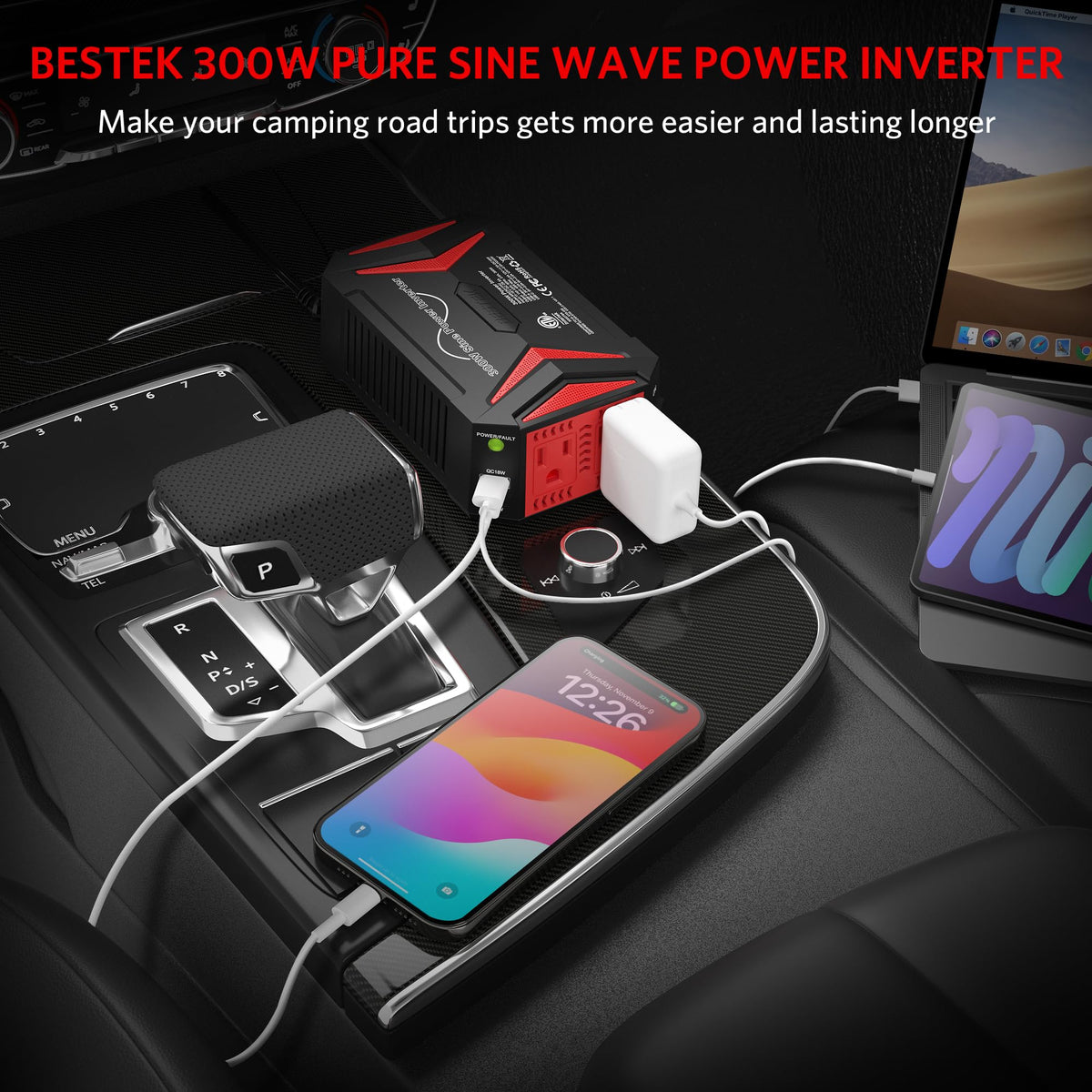 BESTEK 300W Pure Sine Wave Power Inverter - DC 12V to 110V AC Car Converter Plug Adapter Outlet with PD30W USB-C Fast Charger, Vehicle Cigarette Lighter Adapter for Laptop