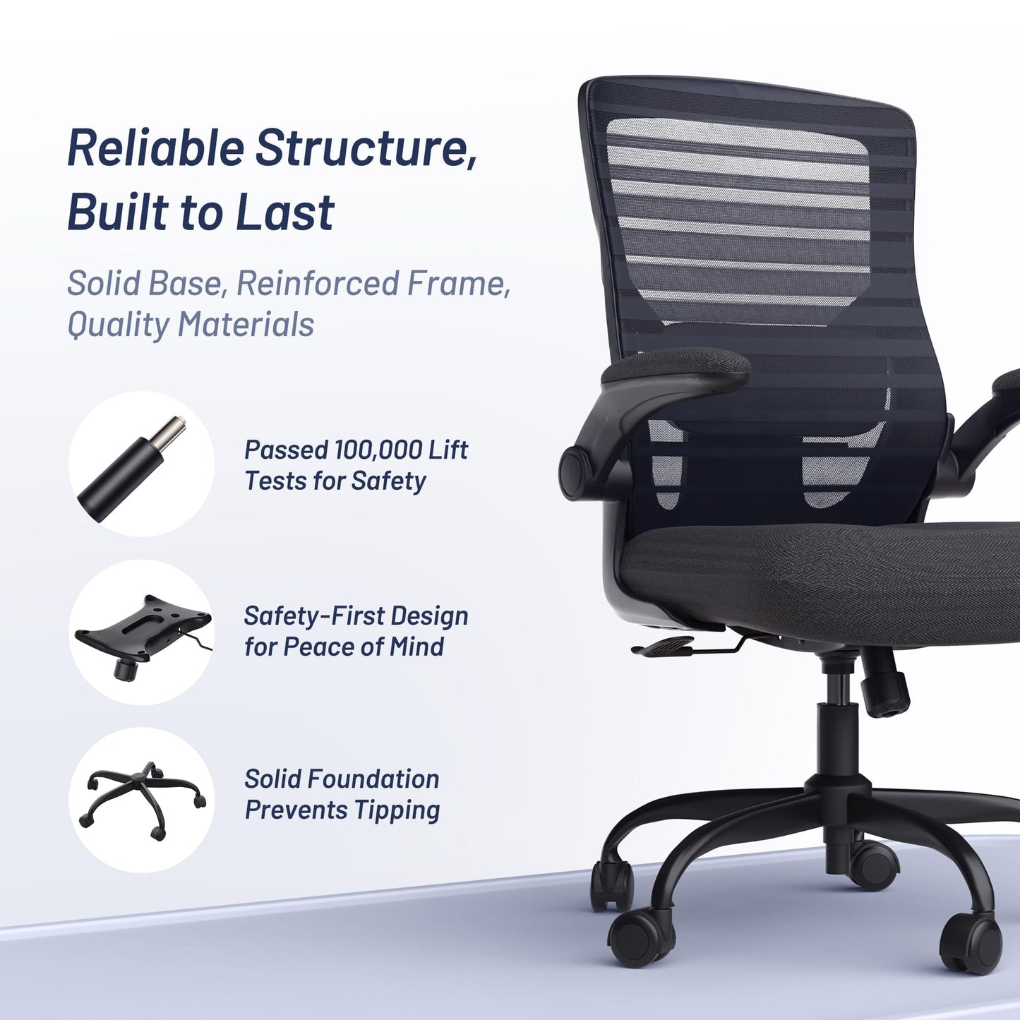 QLTPLUS Office Desk Chair for Long Hours & Lower Back Pain Relief – 4“ Thick Molded Foam Cushion, Enhanced Lumbar Support, Padded Flip-up Armrests, Ideal for Office or Study, Black