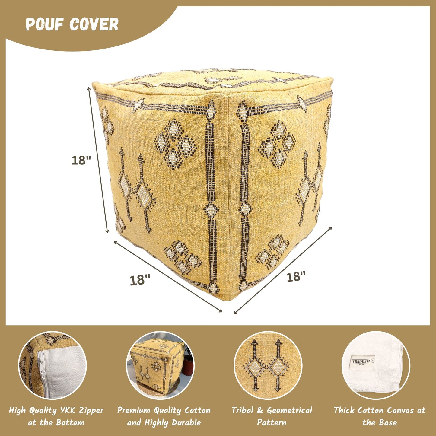 Trade Star Handcrafted Ottoman Floor Pillow Cover 100% Cotton Pouf Cover Handloomed Pouf for Living Room Thick Cotton Seating Pouffe Decor Luxurious Sabra Kilim Case Highly Durable