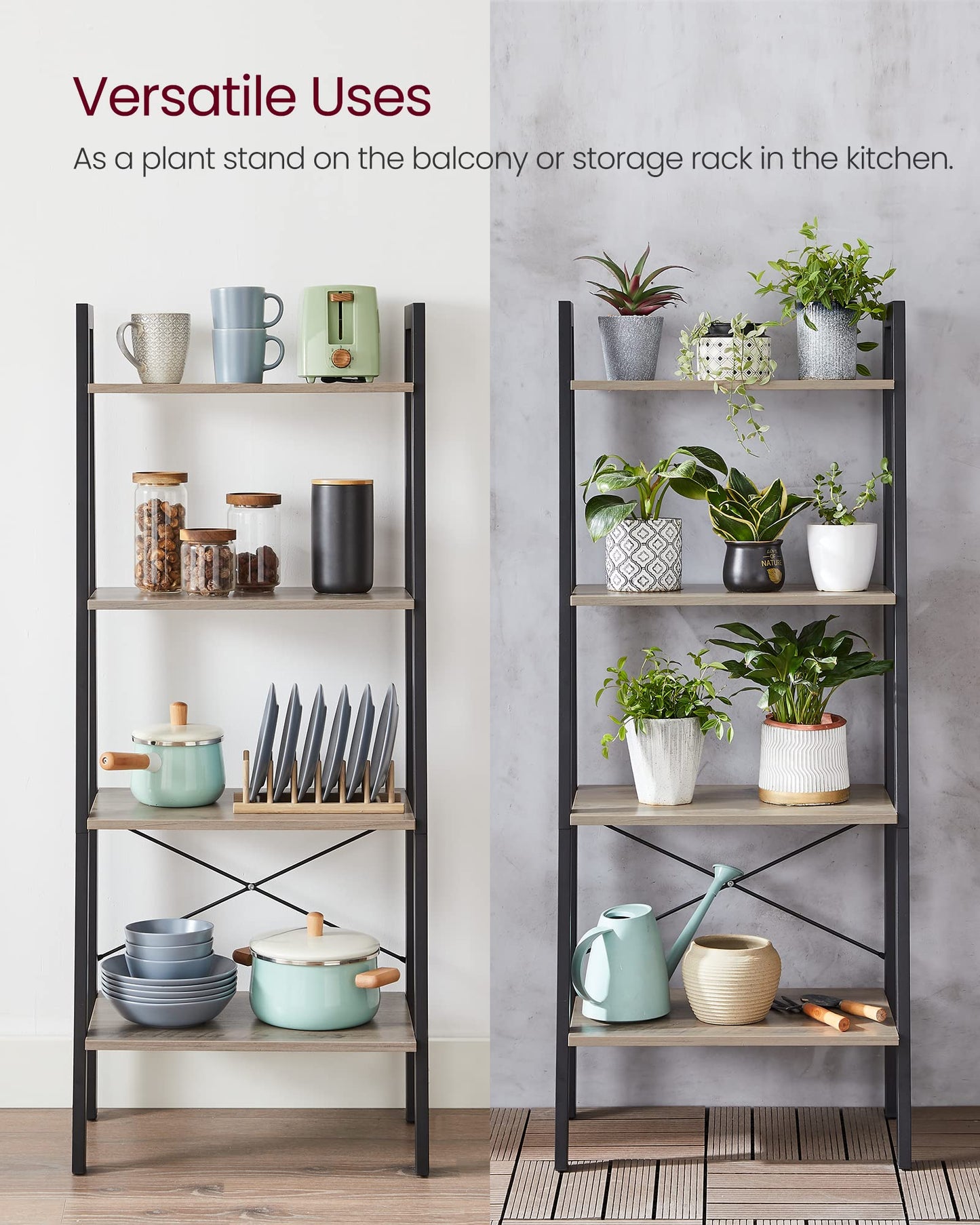VASAGLE BARNET Collection - Ladder Shelf, Bookshelf, Storage Rack, Modern Bookcase for Living Room Home Office Kitchen, Steel Frame, 4-Tier, 22-Inch Wide, Heather Greige and Ink Black ULLS44MB