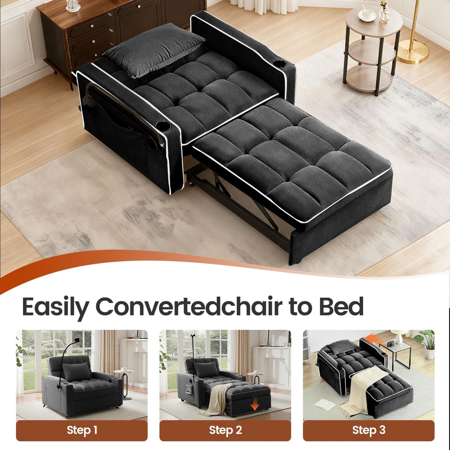 Trygoal Convertible Sleeper Chair Bed, Pull Out Chair Sleeper with Bracket and Cup Holder, Chairs Bed Sleepers for Adults, 3 in 1 Sofa Bed Chairs for Small Spaces, Living Room, Black