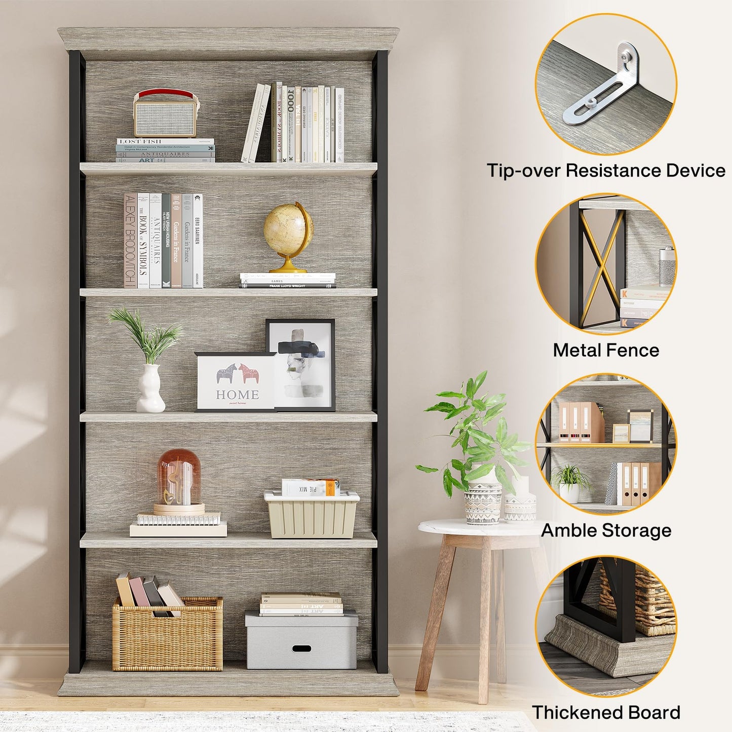 Tribesigns 6-Tier Bookcase, 71 Inches Industrial Bookshelves and Bookcases, Floor Standing 5 Shelf Display Storage Shelves Tall Bookcase for Home Office, Living Room, Bed Room, Grey