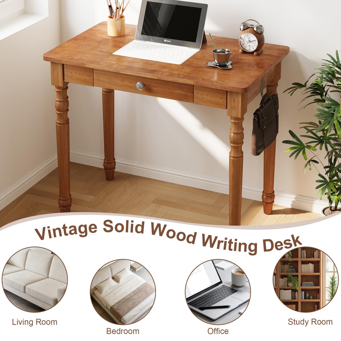 Vintage Solid Wood Writing Desk - 31.5" Mid Century Modern Desk with Drawer, Small Wooden Computer Desks for Home Office, Secretary Desks, Traditional Vanity Dressing Table for Bedroom, Walnut