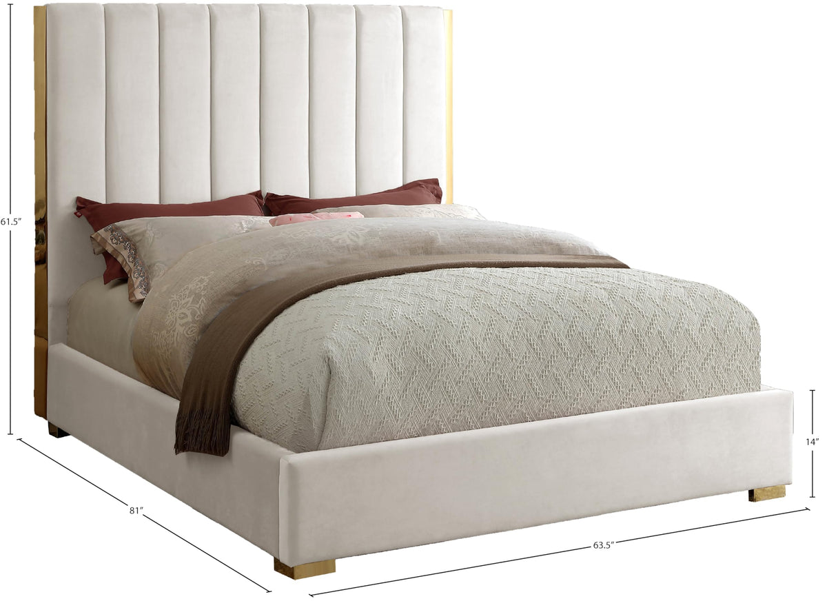 Meridian Furniture Becca Collection Modern | Contemporary Velvet Upholstered Bed with Deep Channel Tufting and Polished Gold Metal Frame, Cream, Full