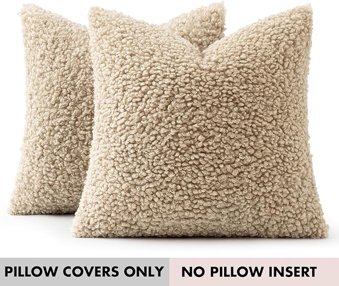 Faux Fur Throw Pillow Covers 24x24 Inch Set of 2 Boucle Neutral Decorative