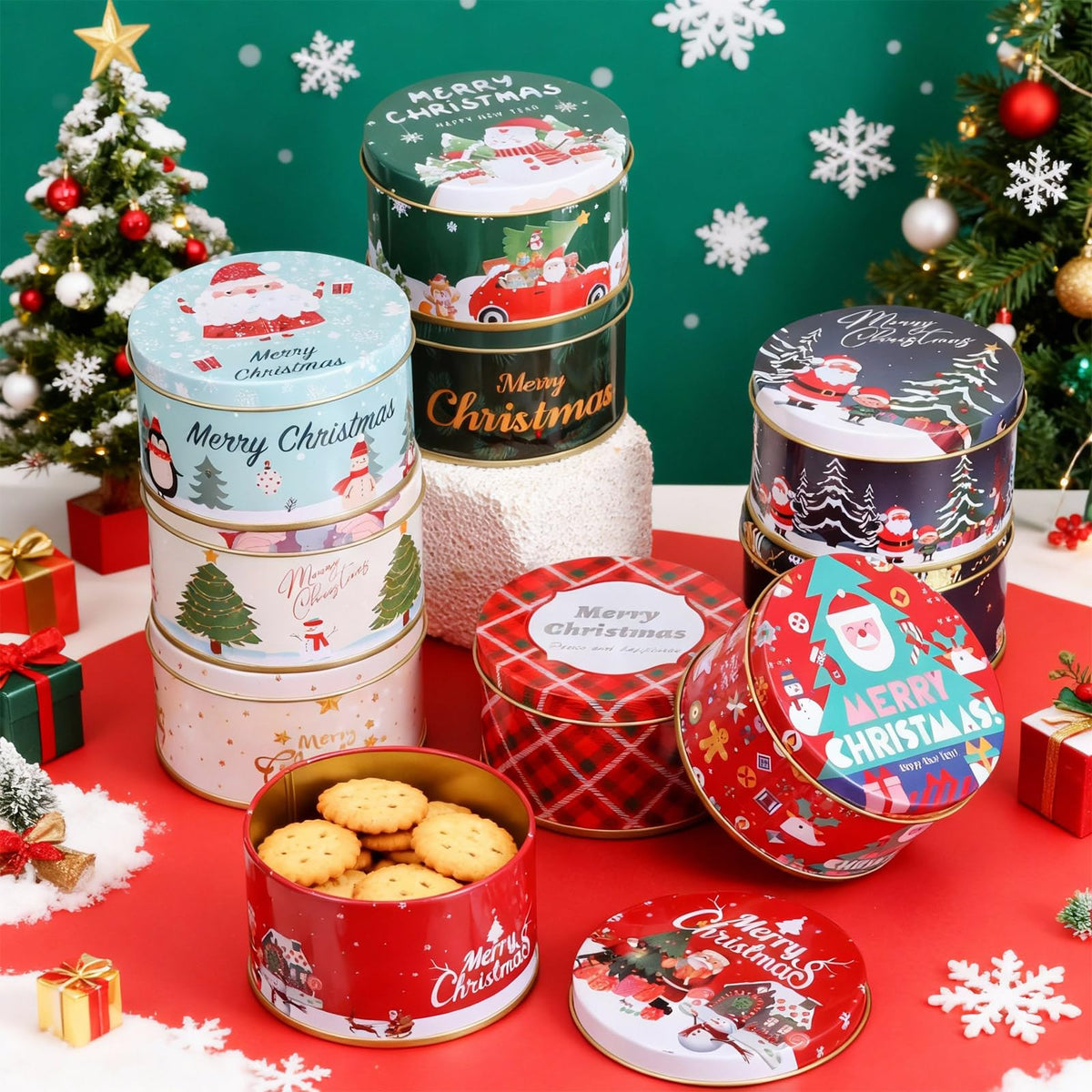 Acellegic 20 Pcs Christmas Cookie Tins with Lids for Gift Giving Small Xmas Tin Containers Round Iron Christmas Tins Empty Cookie Jar for Gift Giving Holiday Party Favors