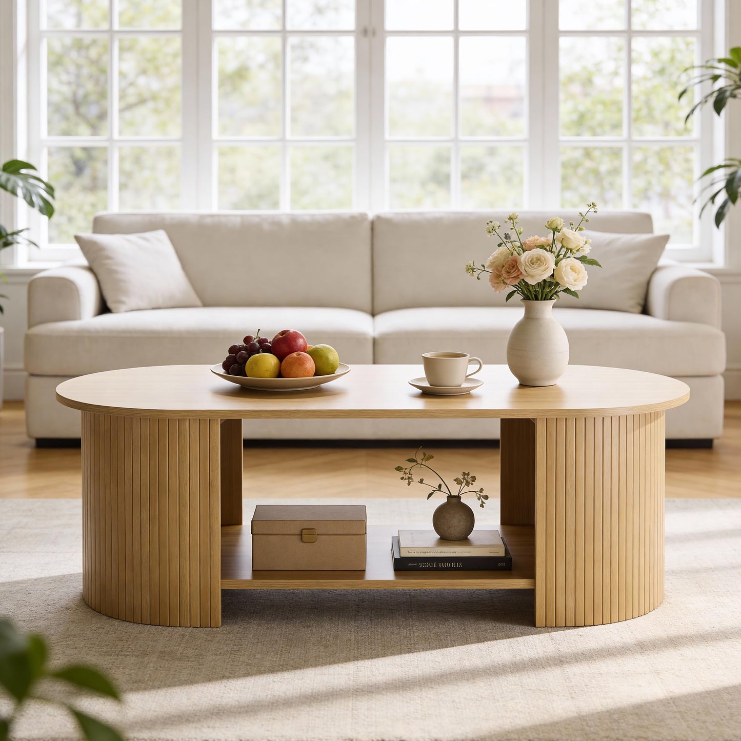 MXV Oval Fluted Coffee Table, 2-Tier Mid Century Modern Center Table, Tea Table with Large Storage, Farmhouse Coffees Table for Living Room, Office, Bedroom, Oak