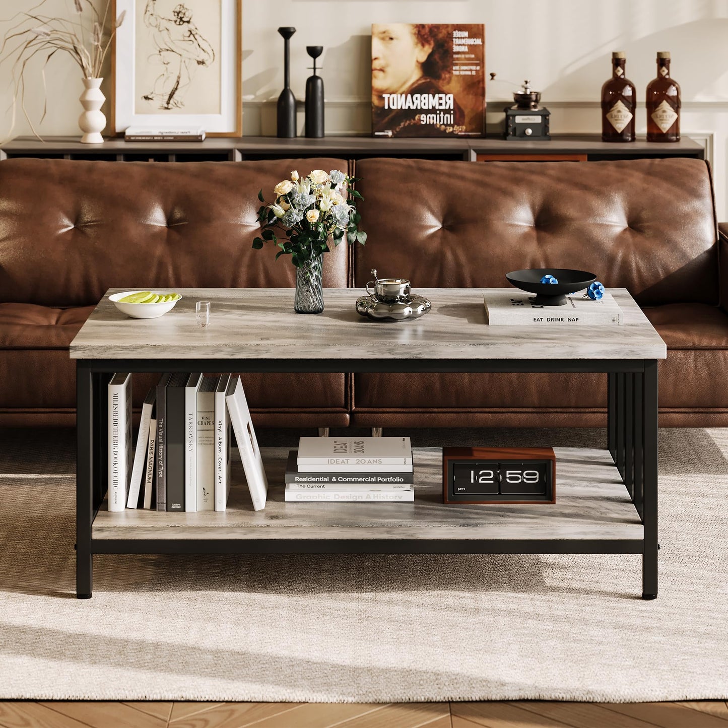 Homeiju Coffee Table for Living Room with Slatted Sides Frame, Modern Farmhouse Living Room Table with 2-Tier Storage Shelf for Home Office, Apartment, Grey Wash, 39 inch