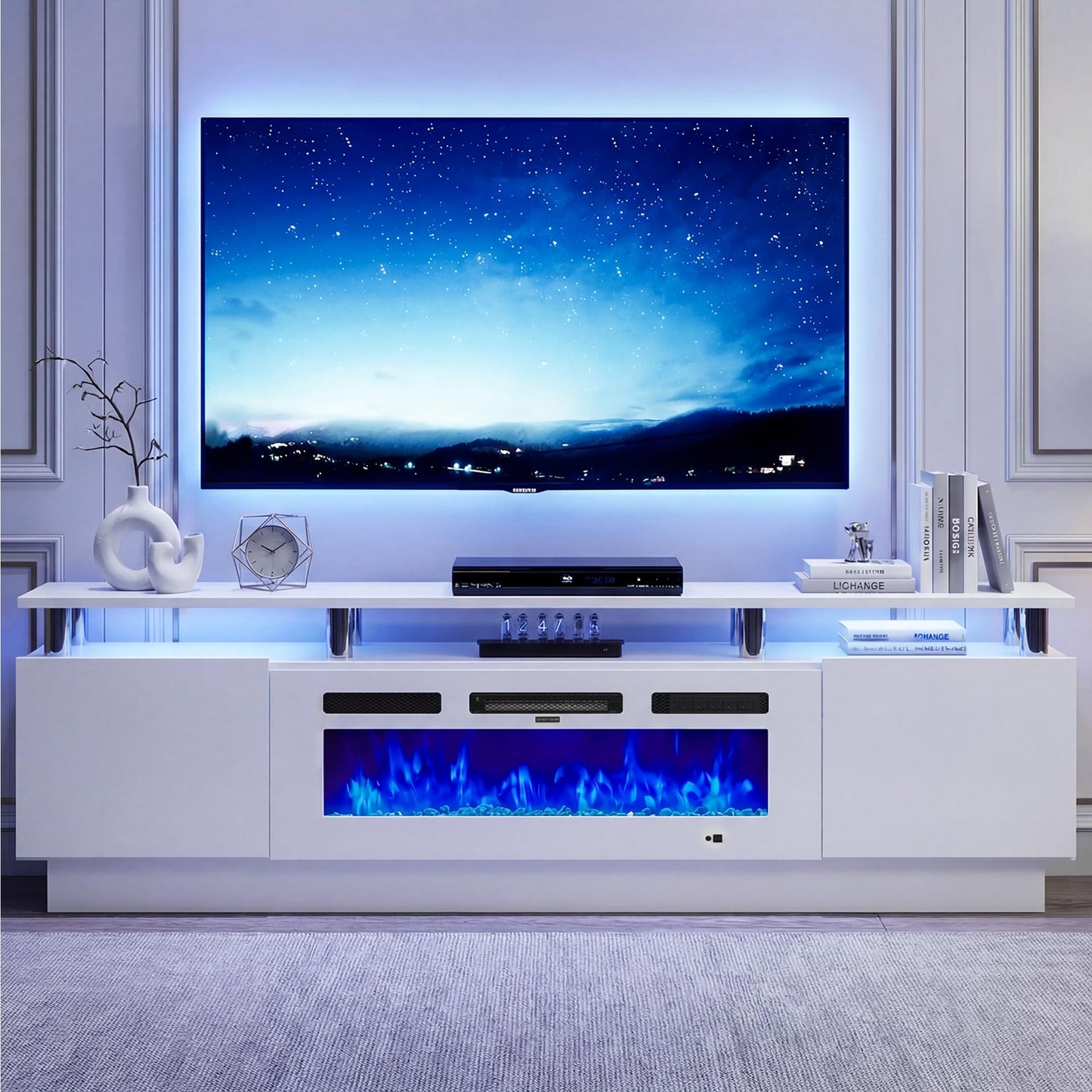 OneBlis 70" Fireplace TV Stand for TVs UP to 80", Electric Fireplace Entertainment Center with LED Lights & Storage Cabinets, TV Console for Living Room, Office, White-White