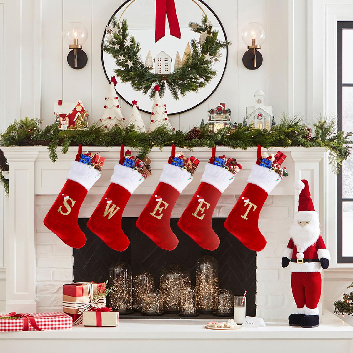 20 Inches Monogram Christmas Stockings with Letters, Large Super Soft Christmas Stockings Red Velvet with White Super Soft Plush Cuff for Christmas Xmas Tree Holiday Fireplace (A)