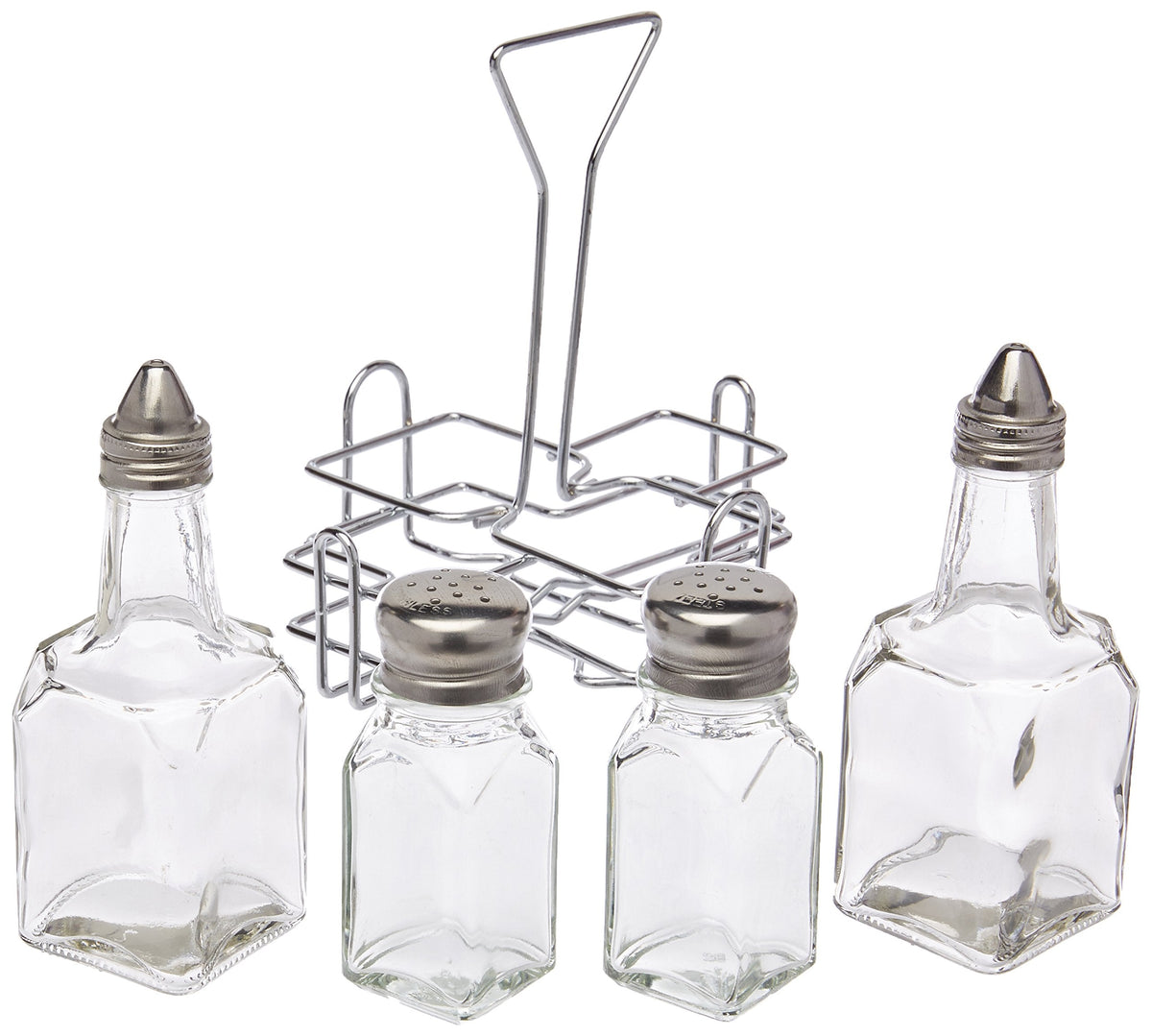 New Star Foodservice 22209 Glass Salt and Pepper Shaker Set with Holder and Oil and Vinegar Cruets, Stainless Steel Gold Plated Top, 0.5-Ounces